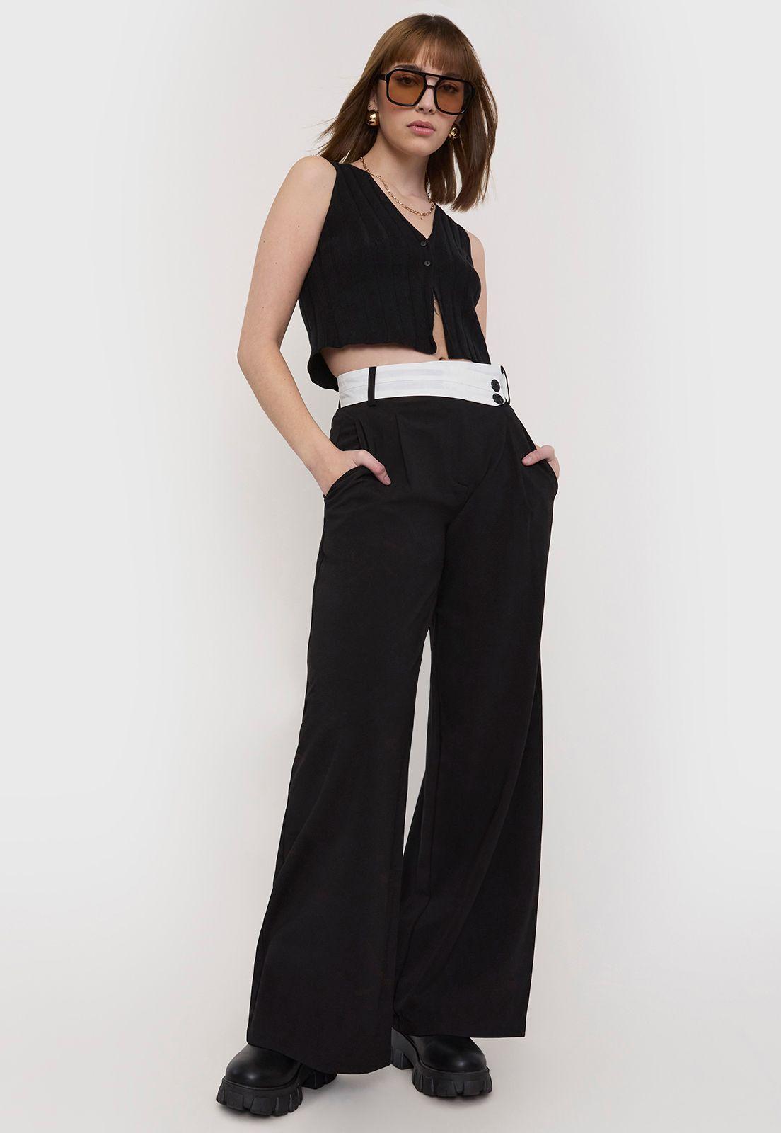 Pantalón Mujer Sastrero Petrina Doblada Negro Corona-0