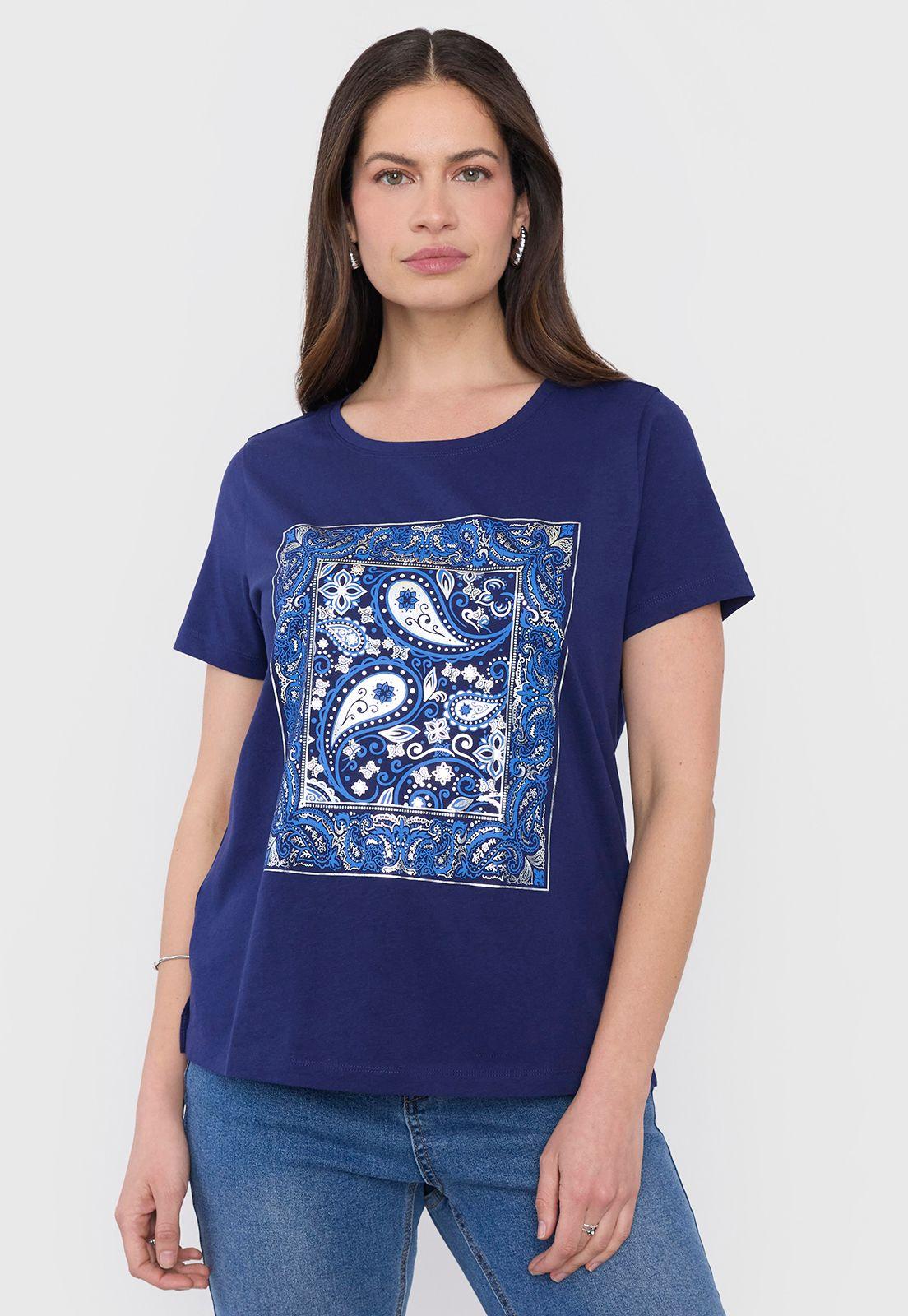 Polera Mujer Manga Corta Focal Print Azul Corona-0