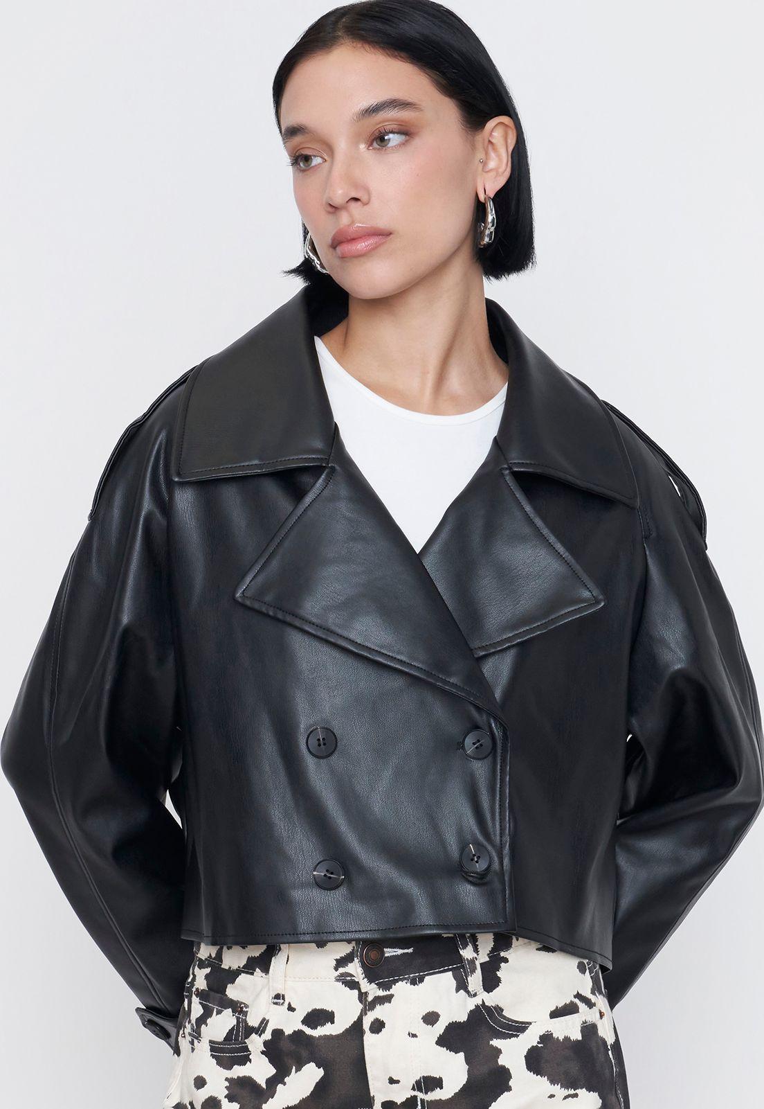 Chaqueta Mujer Trench Ecocuero Negro Corona-0