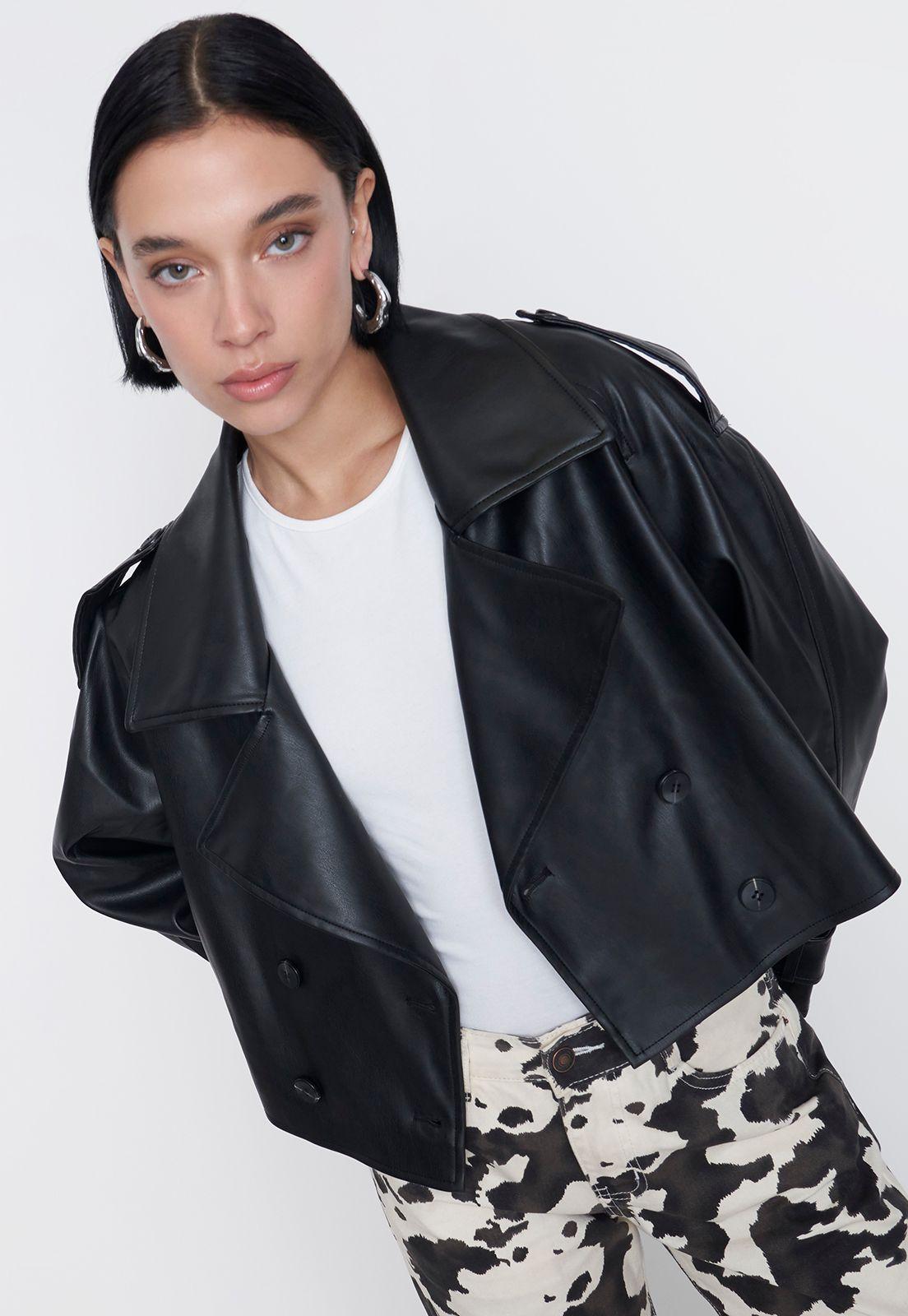 Chaqueta Mujer Trench Ecocuero Negro Corona-2