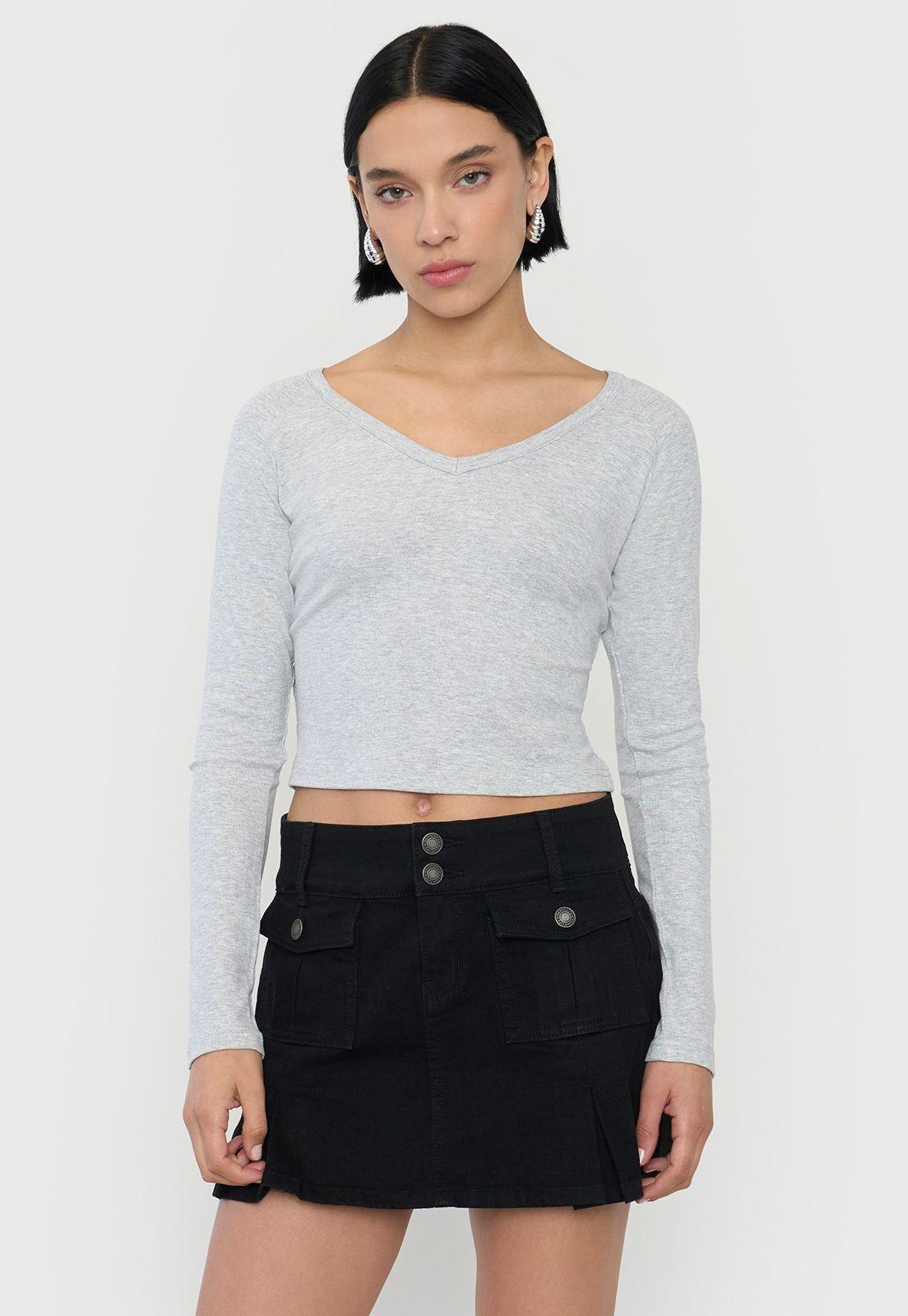 Polera Mujer M/L Cuello V Gris Melange Corona-0