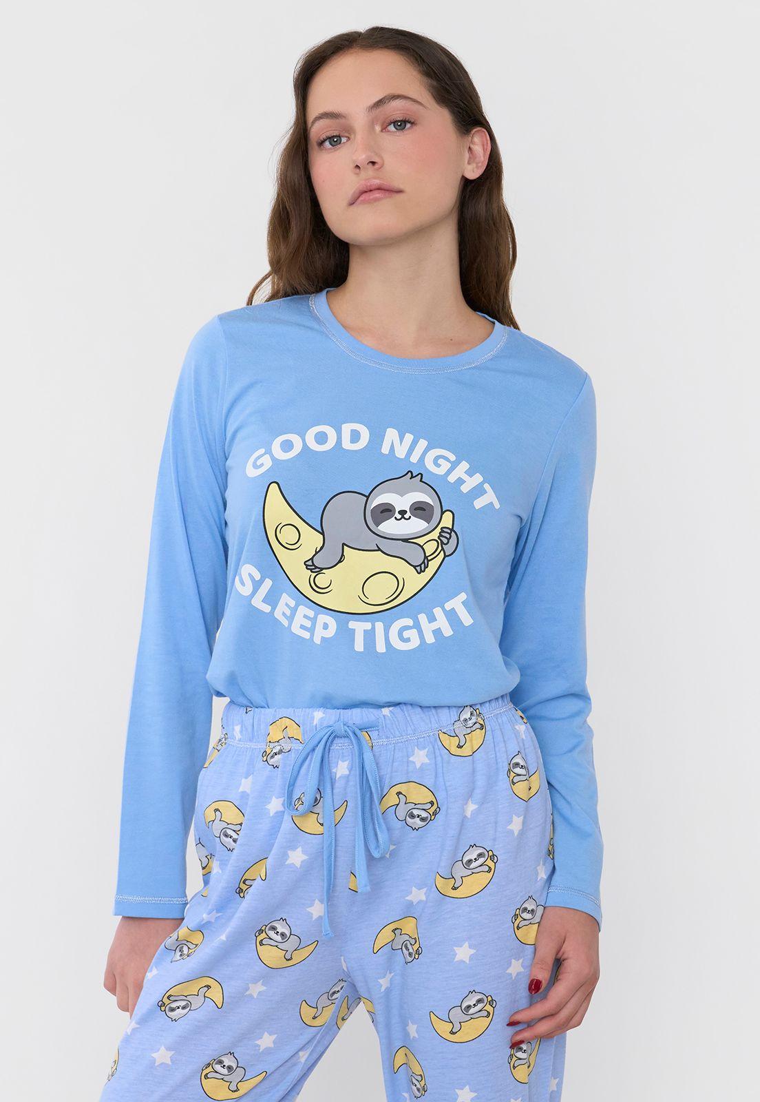 Pijama Mujer Largo Algodón Print Celeste Corona-3