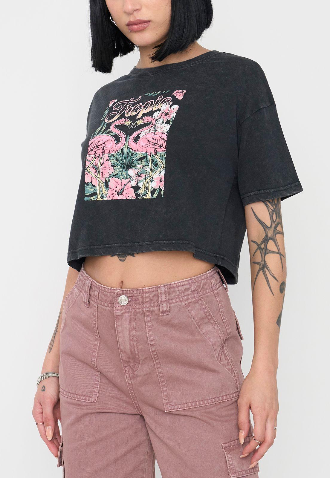 Polera Mujer Color Negro Fun Manga Corta Crop Corona-2