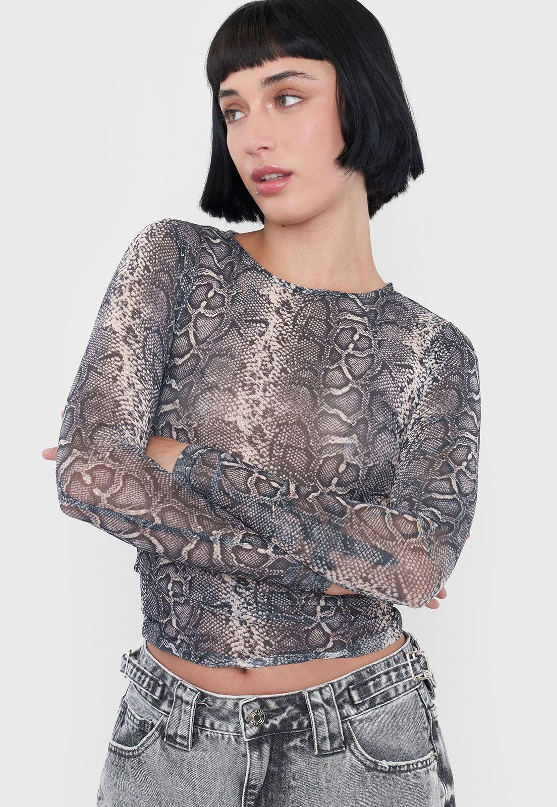 Polera Mujer Malla Manga Larga Print Pitón Negro Corona-2
