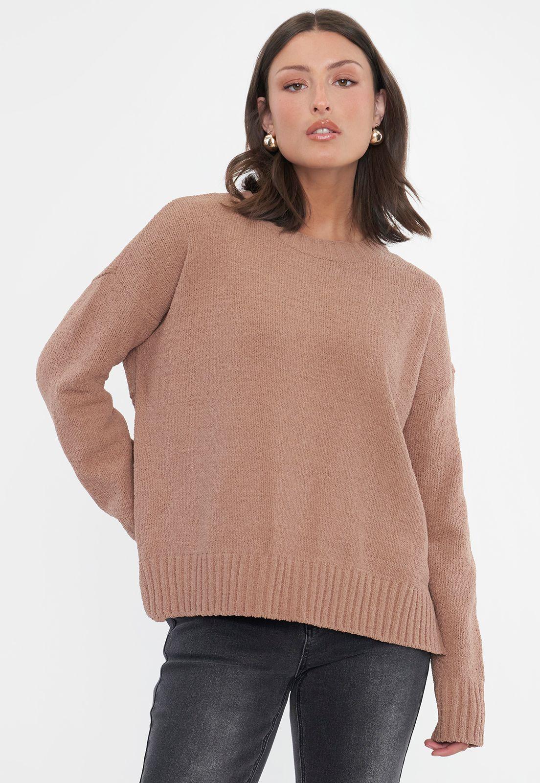Sweater Mujer Chenille Cuello Redondo Camel Corona-0
