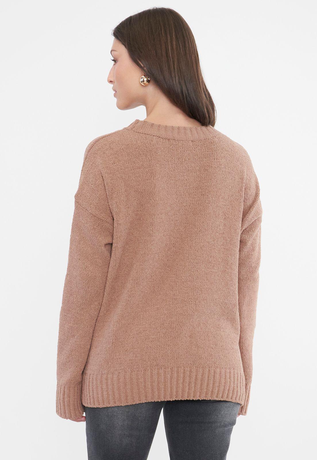 Sweater Mujer Chenille Cuello Redondo Camel Corona-1