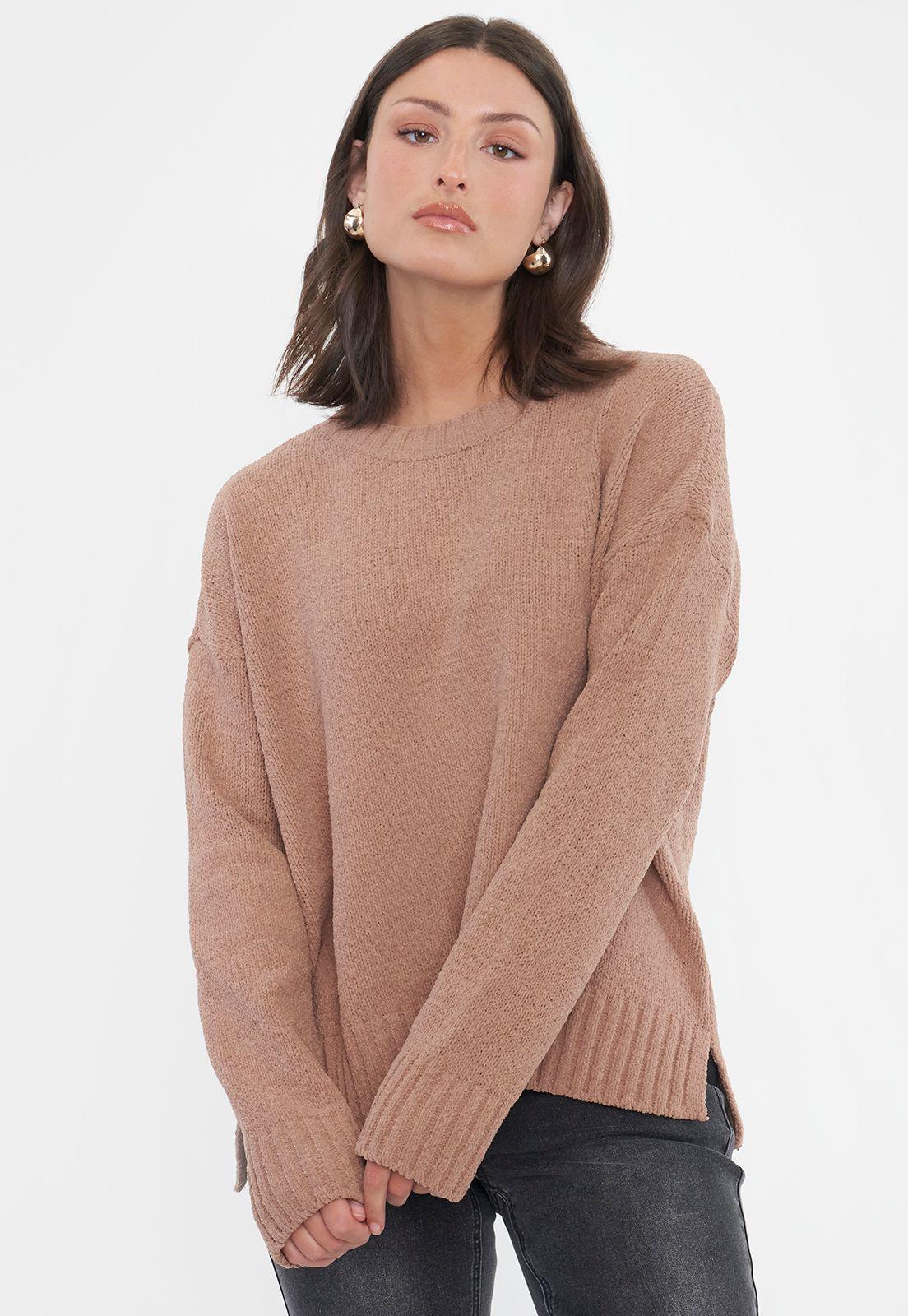 Sweater Mujer Chenille Cuello Redondo Camel Corona-2