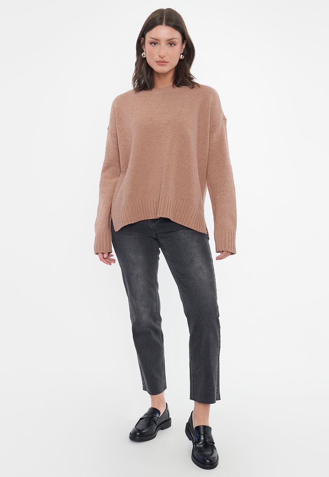 Sweater Mujer Chenille Cuello Redondo Camel Corona-3
