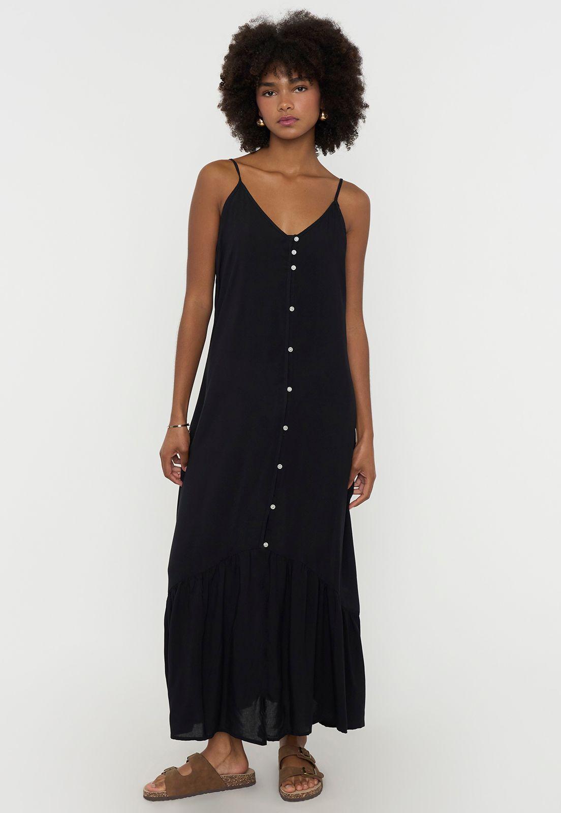 Vestido Mujer Largo Corte Asimétrico Negro Corona-0