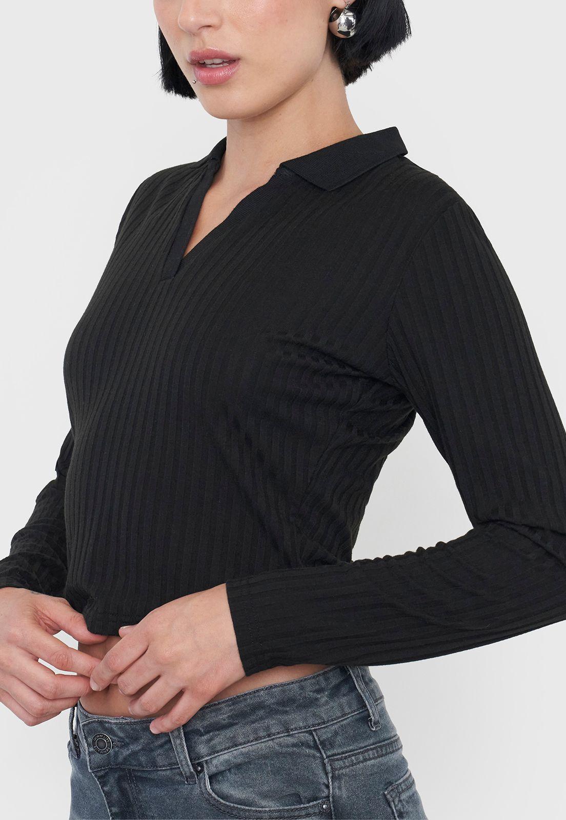 Polera Muje Manga Larga Cuello Polo Negro Corona-2