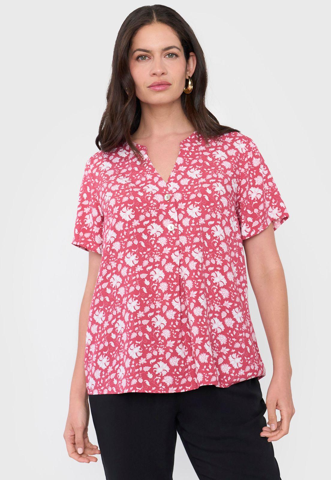 Blusa Mujer Manga Corta Botones Rosado Corona-0