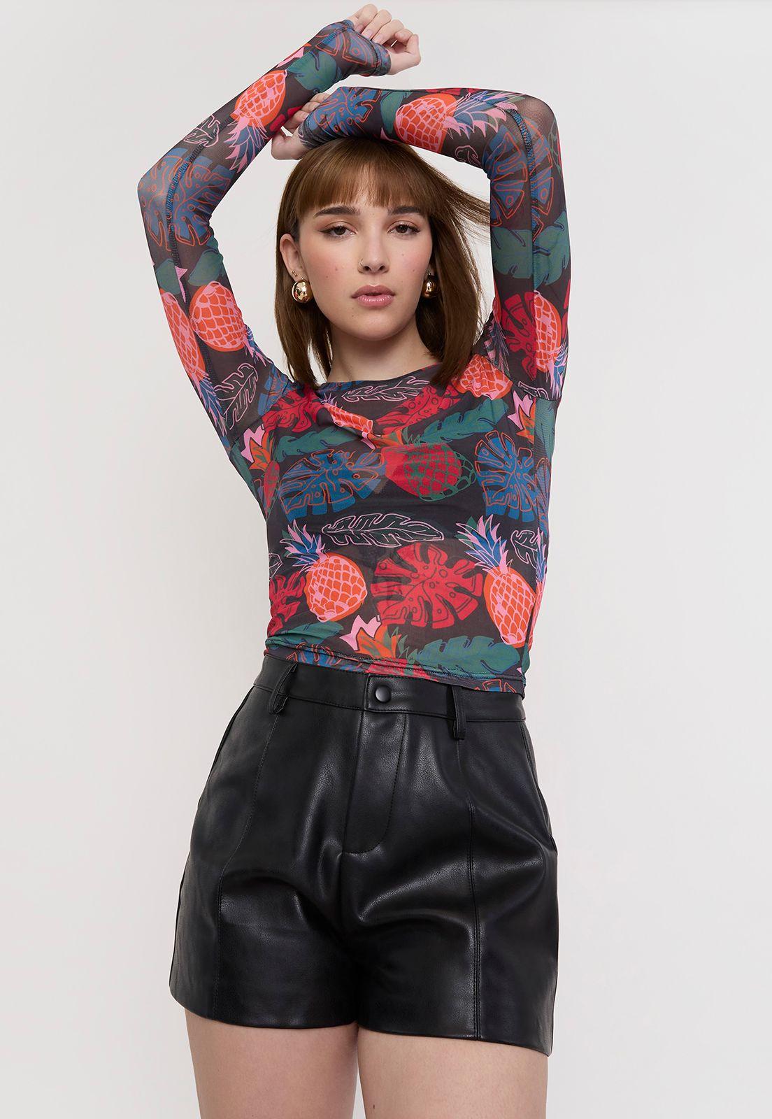 Polera Mujer Malla Negro Piña Corona-0