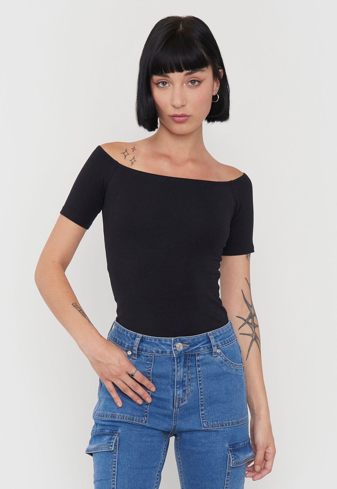 Body Mujer Cuello Bote Negro Corona-0