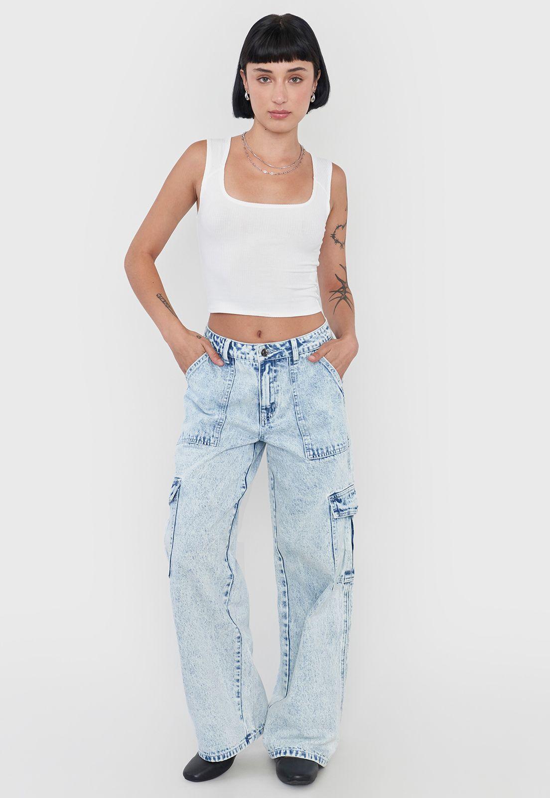 Jeans Mujer Cargo Straight Fit Azul Claro Corona-0