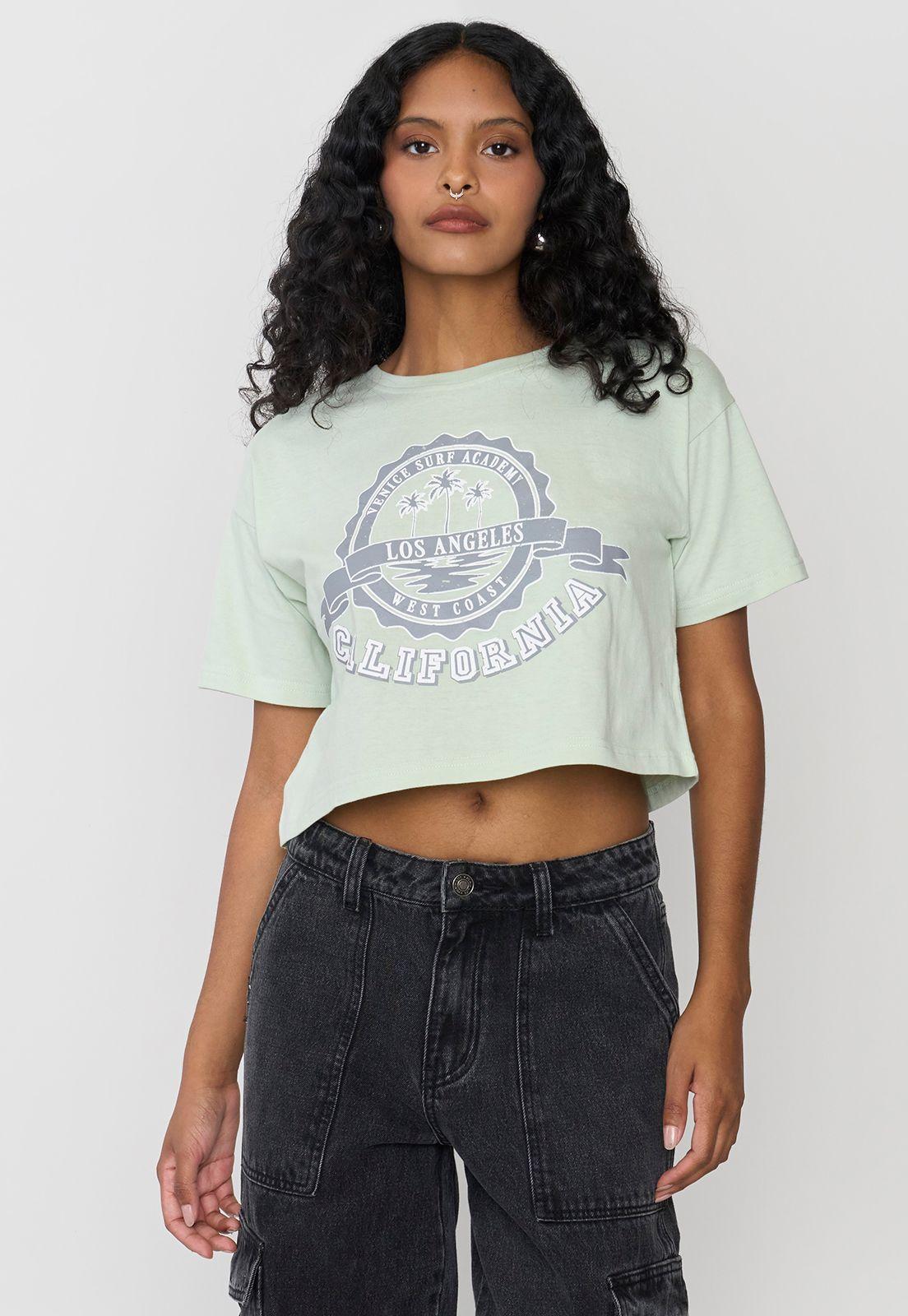 Polera Mujer Fun Manca Corta Crop Verde Agua Corona-0