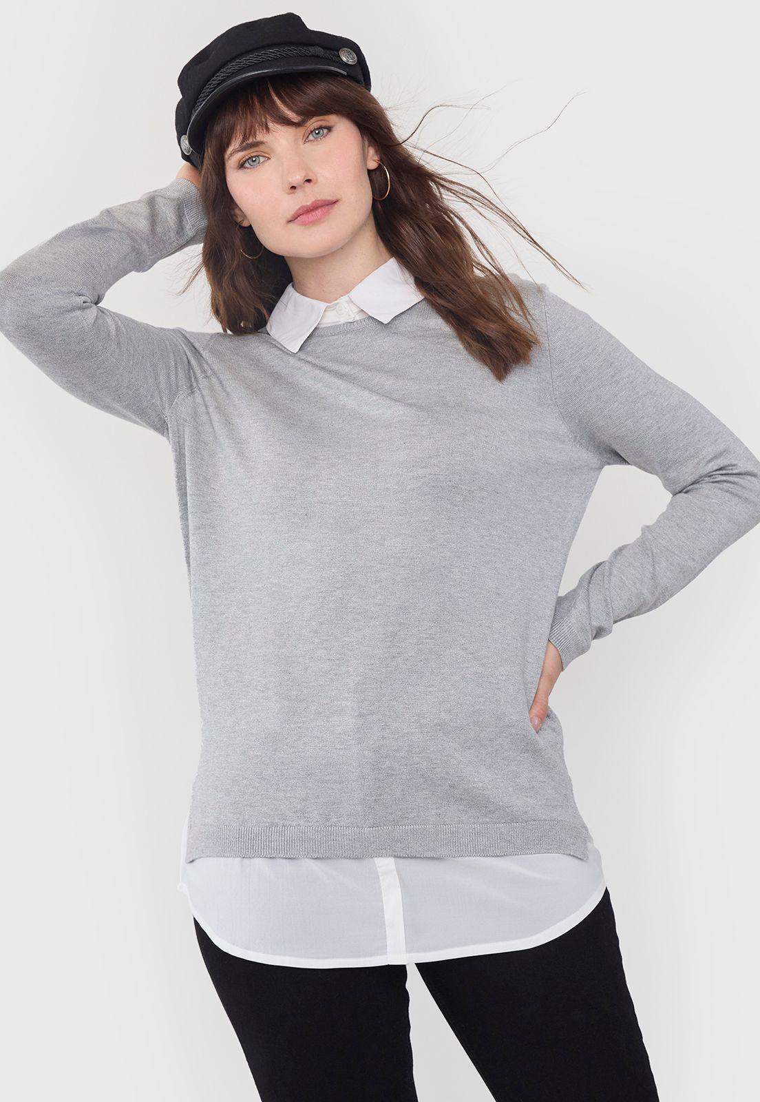 Sweater Mujer Blusa Falsa Gris Corona-0
