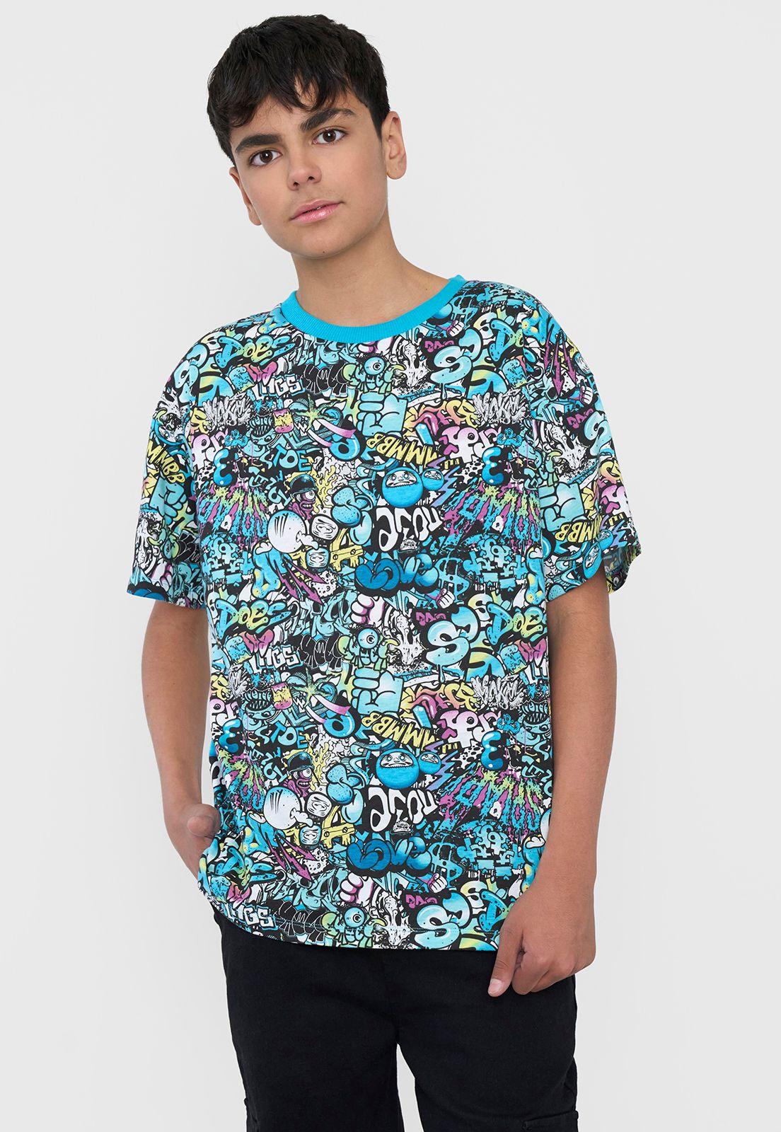 Polera Niño Fullprint Graffiti Petrol Corona-0