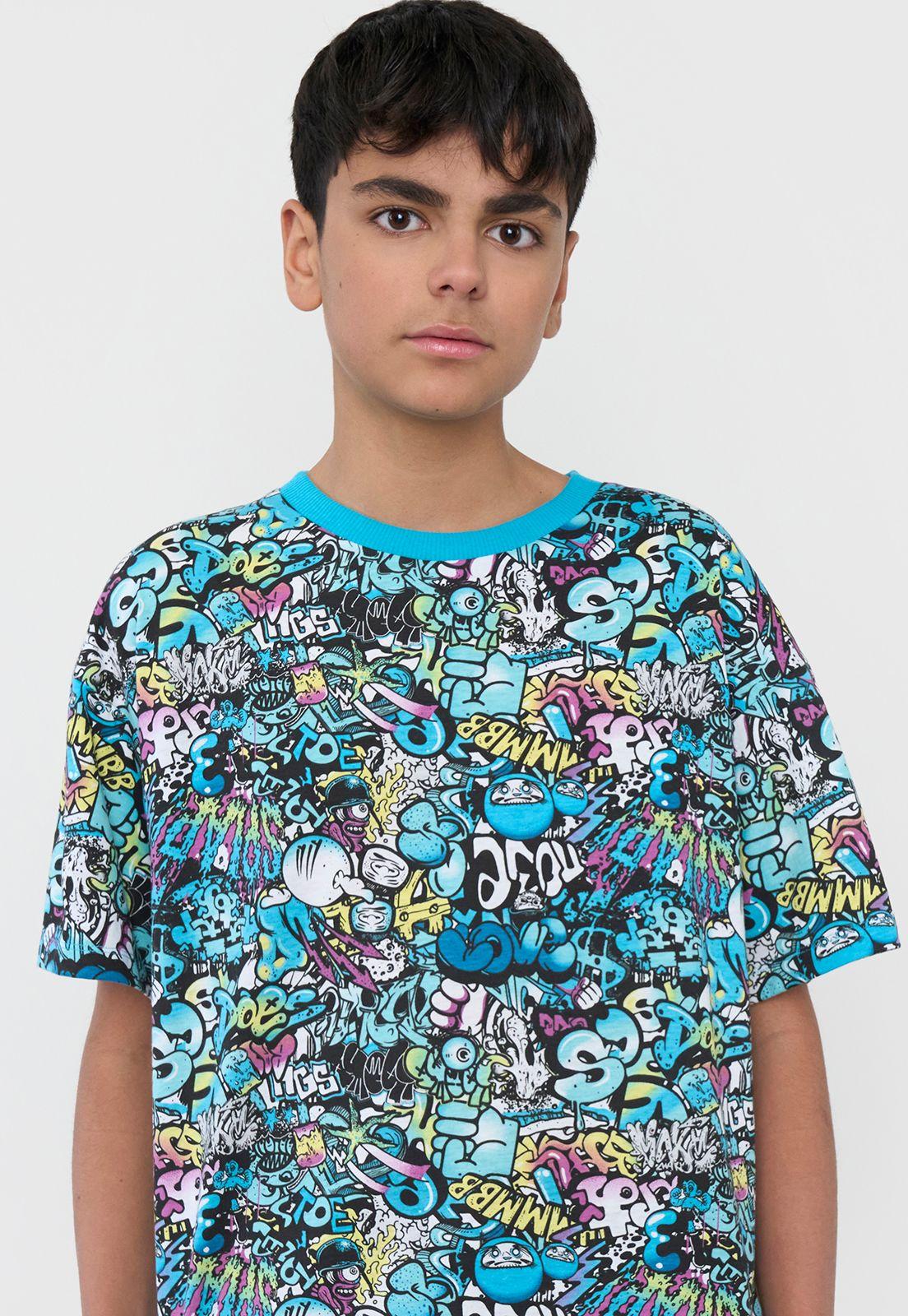 Polera Niño Fullprint Graffiti Petrol Corona-2
