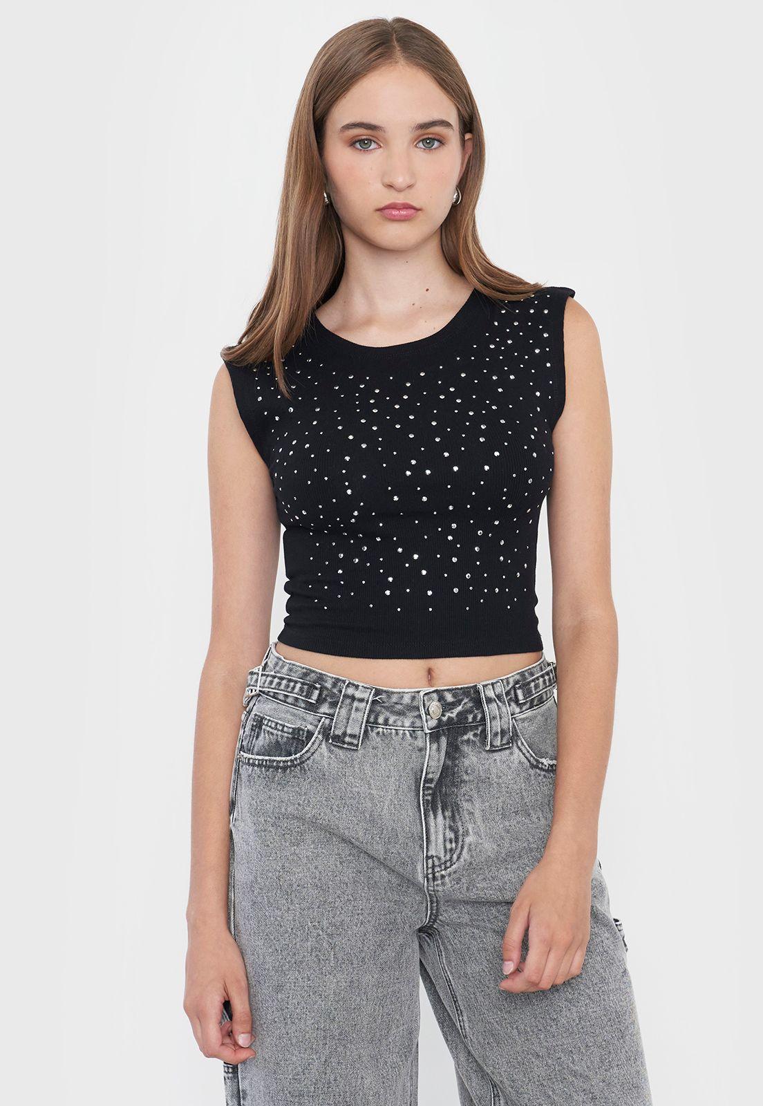 Polera Mujer Brillos Sin Mangas Color Negro Corona-0