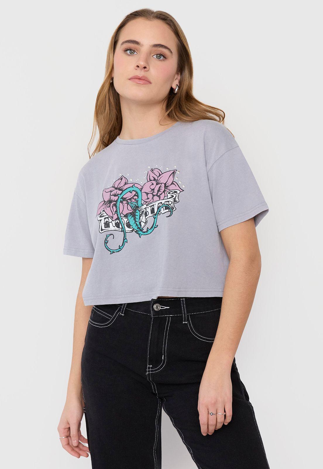 Polera Mujer Fun M/C Crop Gris Brillo Acid Wash Corona-0