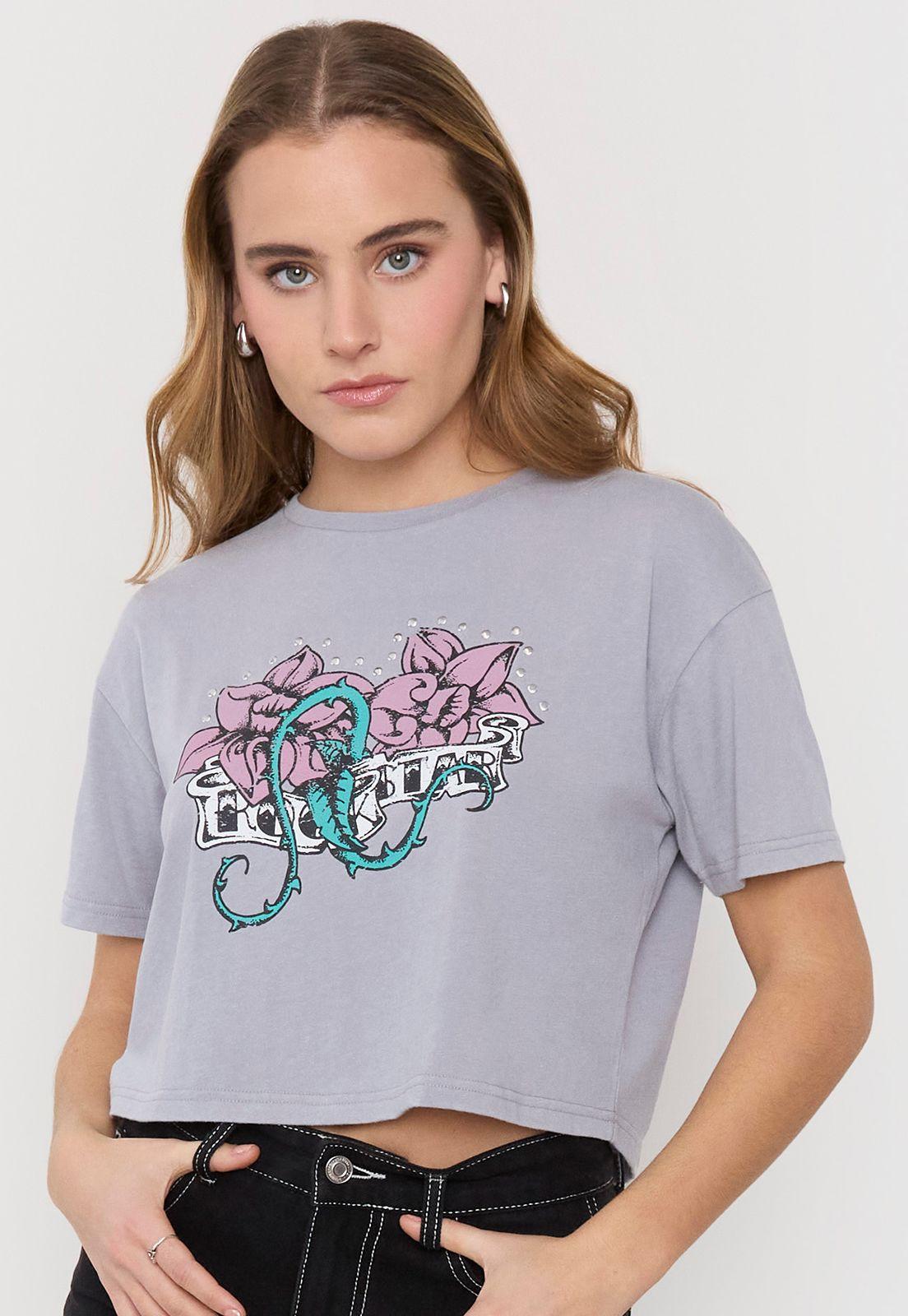 Polera Mujer Fun M/C Crop Gris Brillo Acid Wash Corona-2