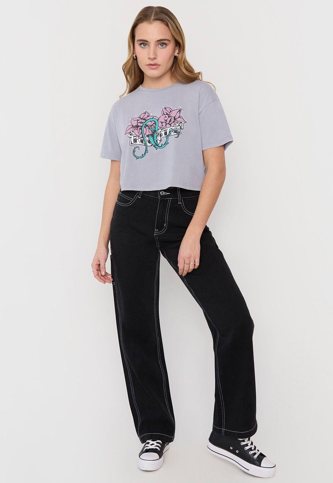 Polera Mujer Fun M/C Crop Gris Brillo Acid Wash Corona-3