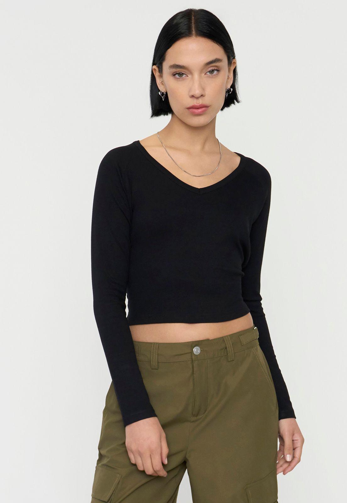 Polera Mujer M/L Cuello V Negro Corona-0