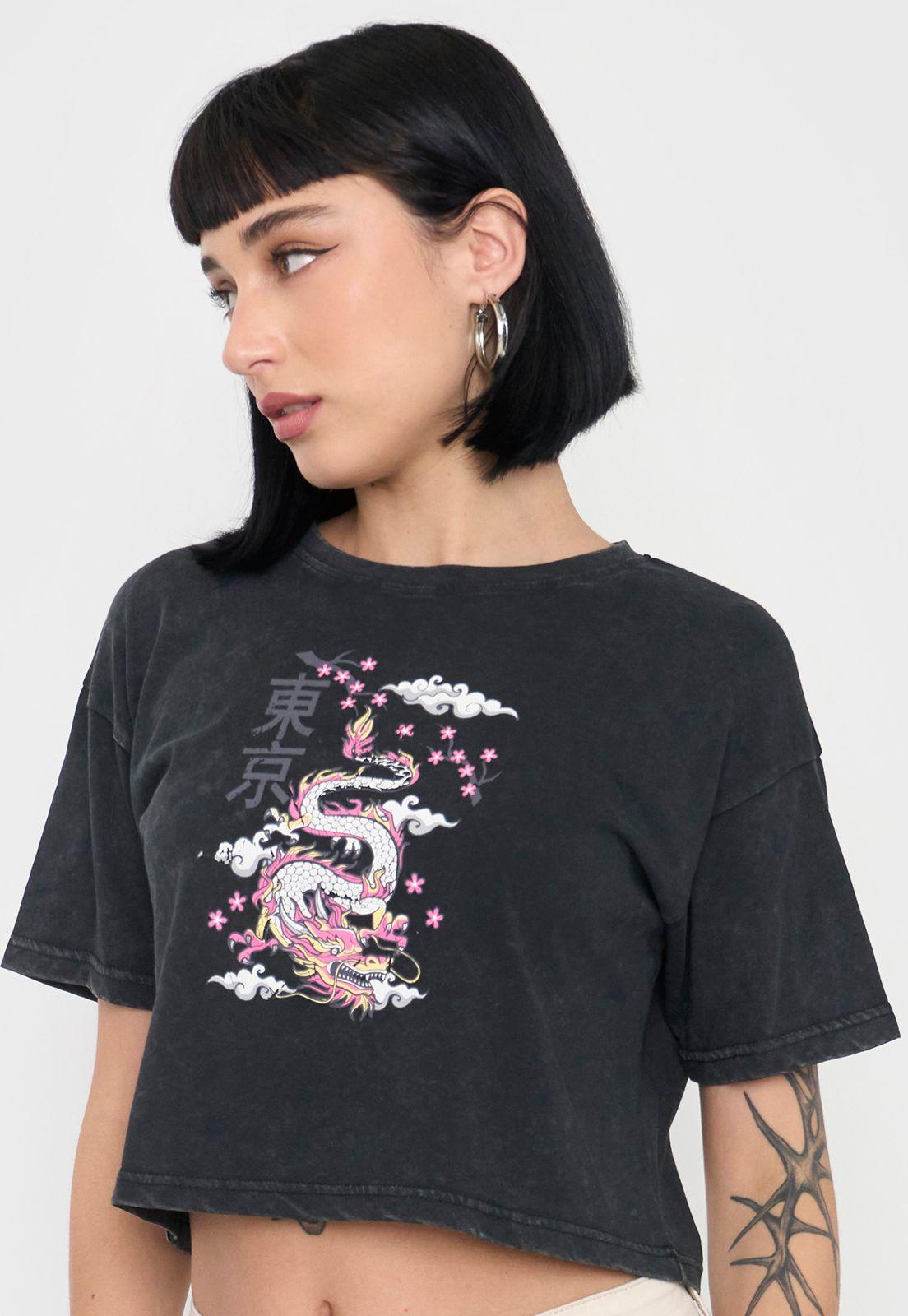 Polera Mujer Fun Negro Manga Corta Crop Corona-2