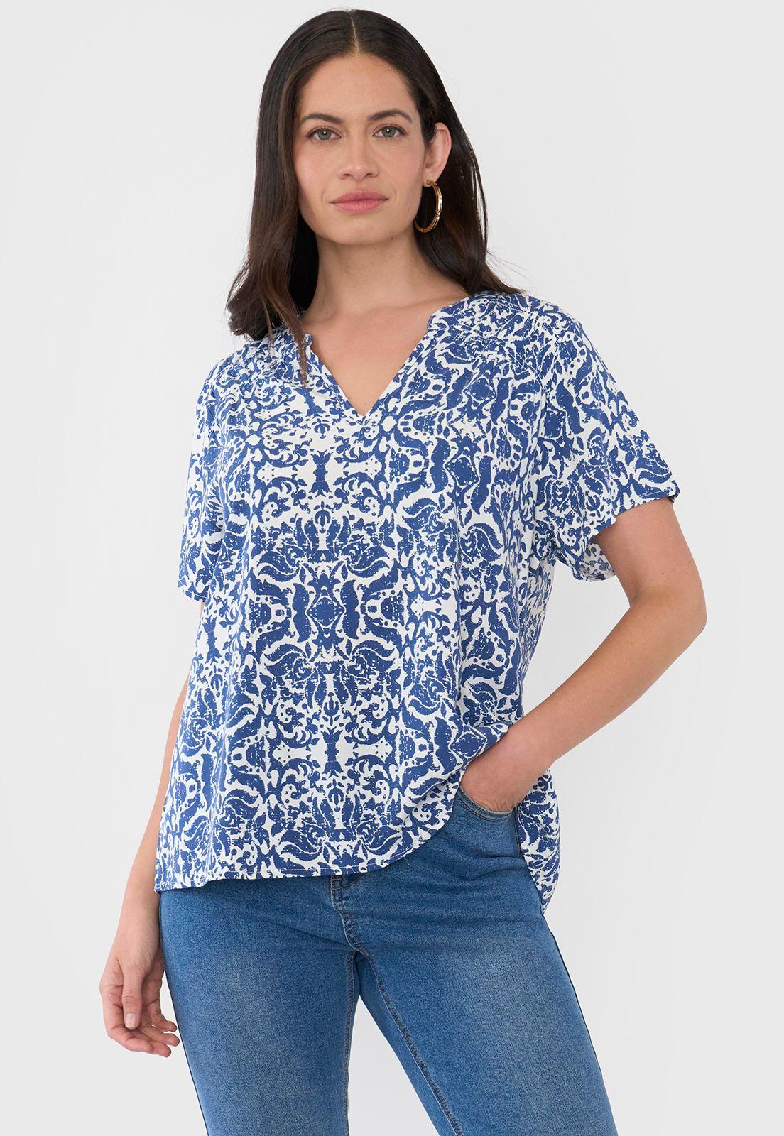 Blusa Mujer Manga Corta Hombro Recogido Azul Corona-0
