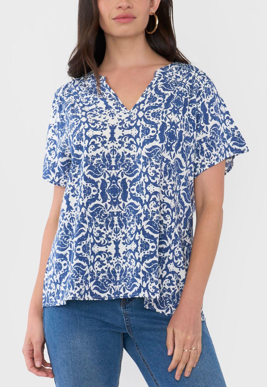 Blusa Mujer Manga Corta Hombro Recogido Azul Corona-2