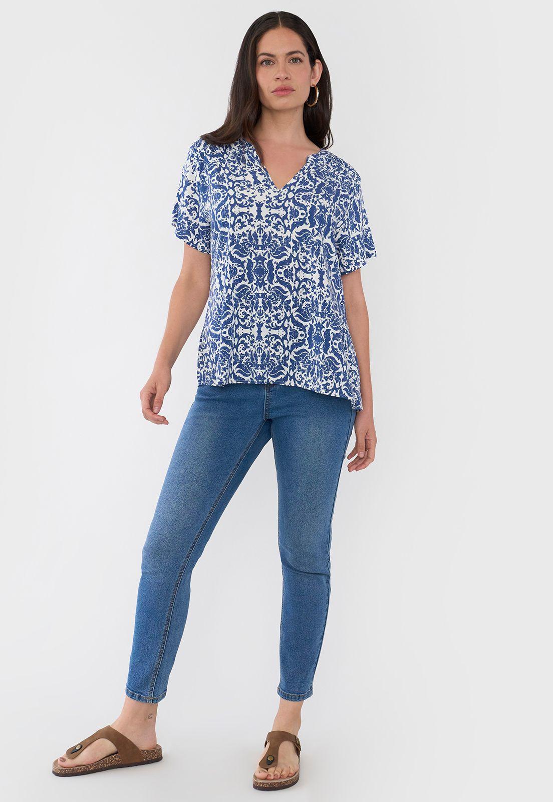 Blusa Mujer Manga Corta Hombro Recogido Azul Corona-3