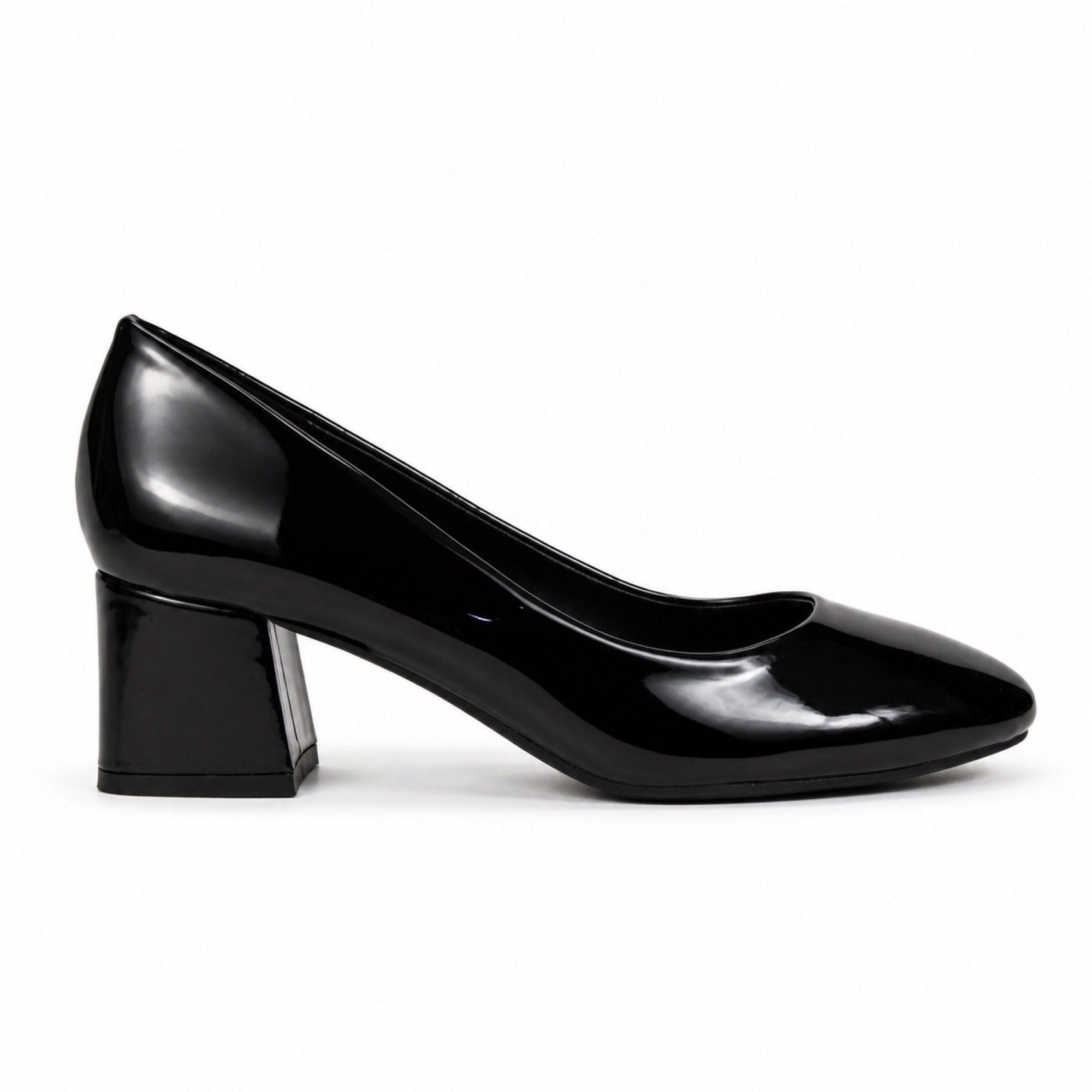 Zapato Mujer Charol Negro Taco Ancho Punta Redonda HL17-0