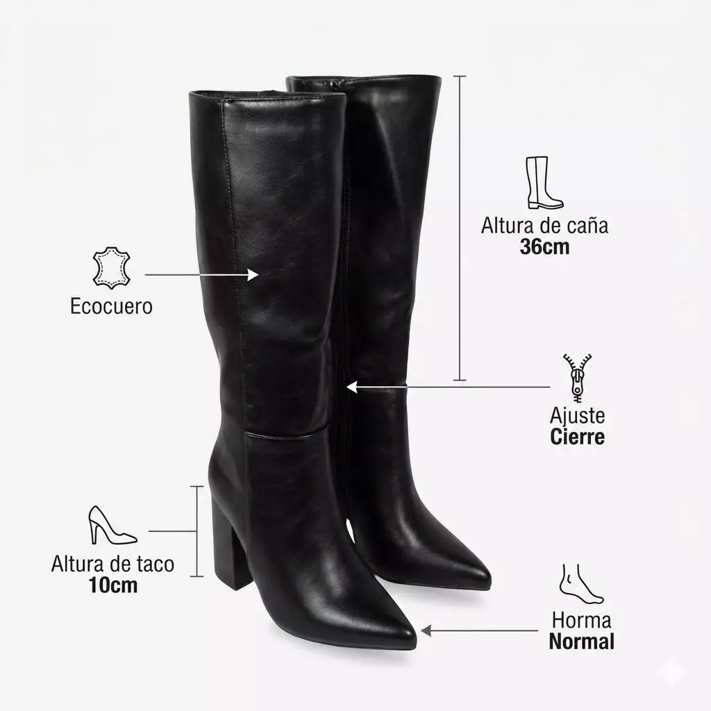 Bota Caña Alta Mujer Ecocuero Negra Taco Cuadrado 2680-7