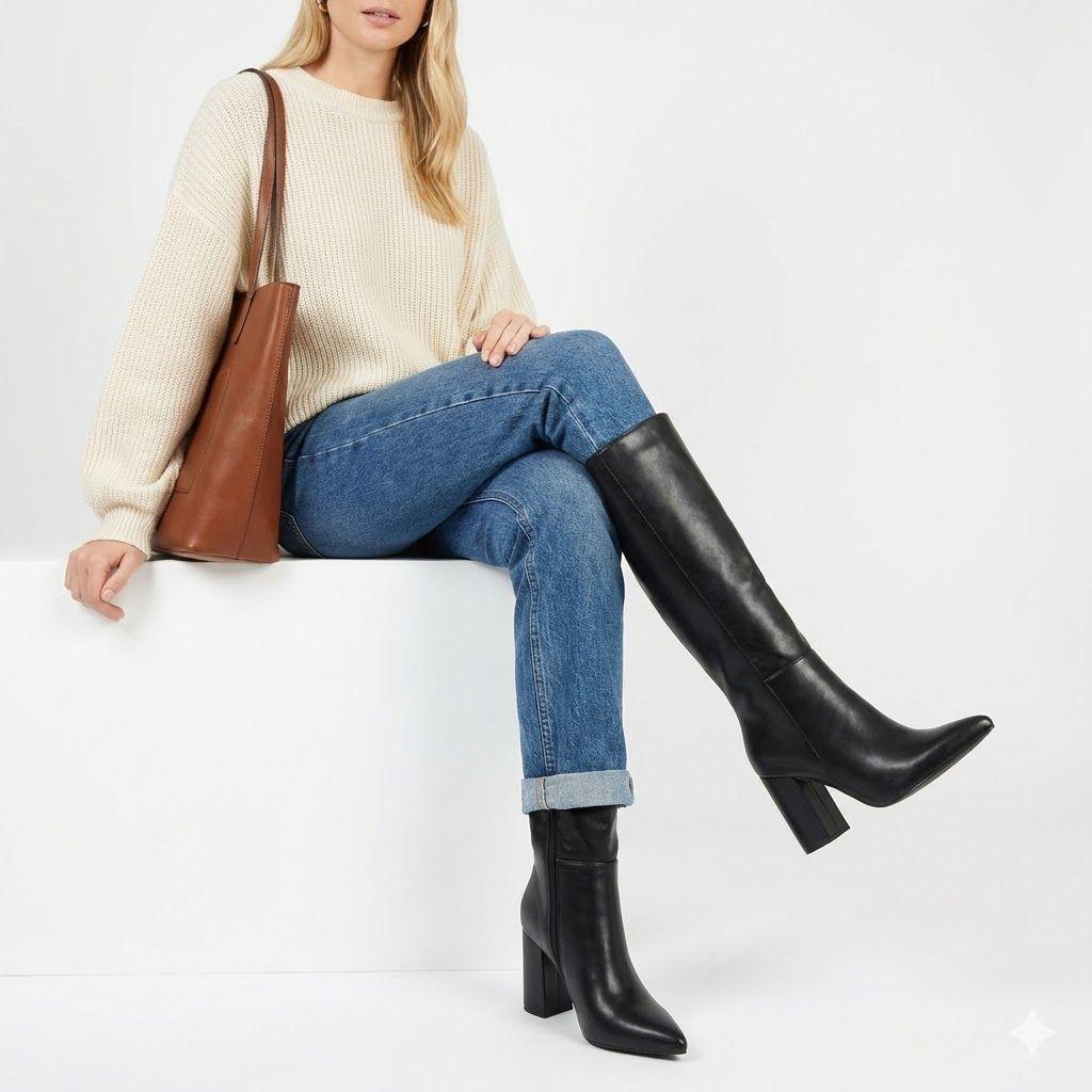 Bota Caña Alta Mujer Ecocuero Negra Taco Cuadrado 2680-8