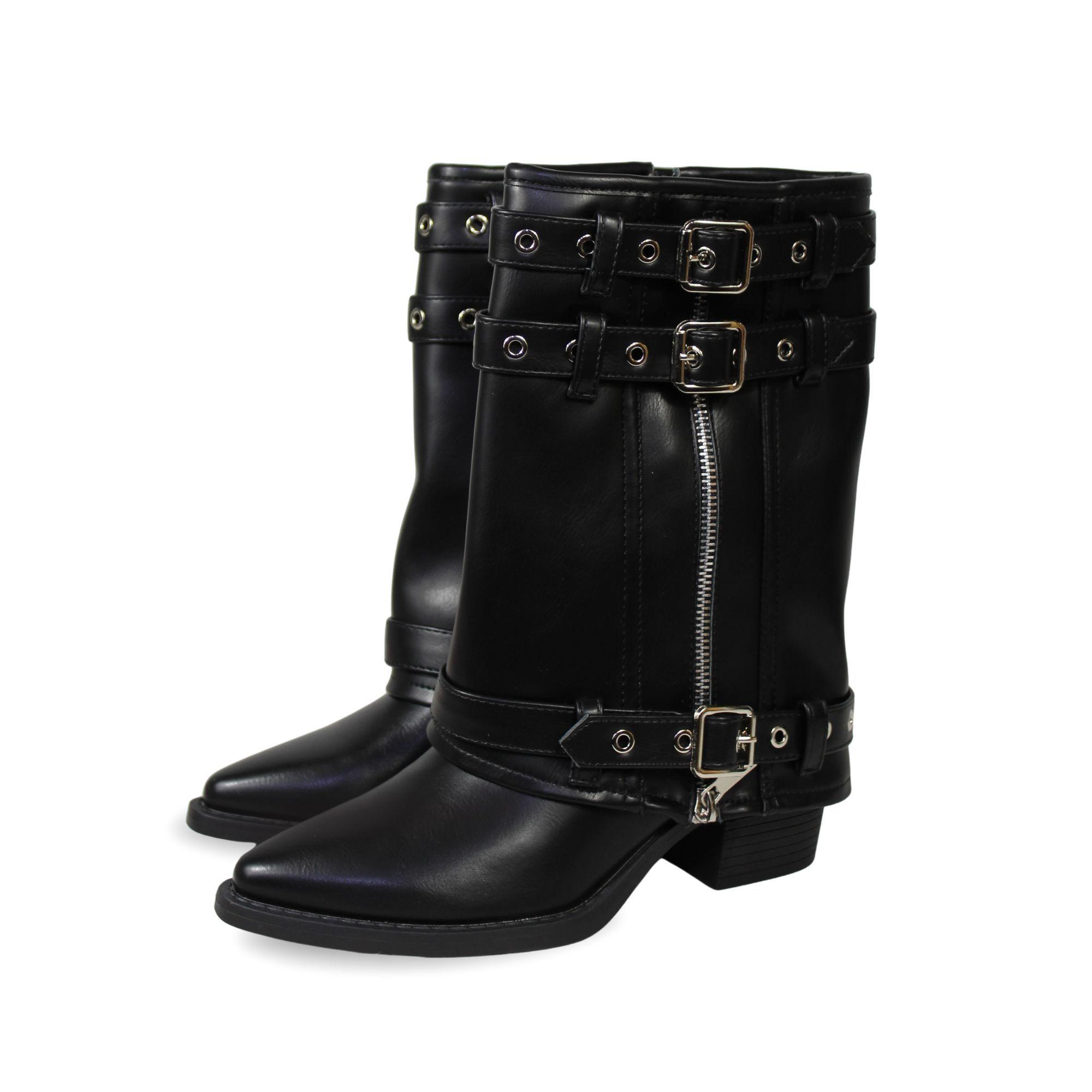 Bota Biker de Media Caña Ecocuero Negro con Hebillas y Cierre PG5322-3