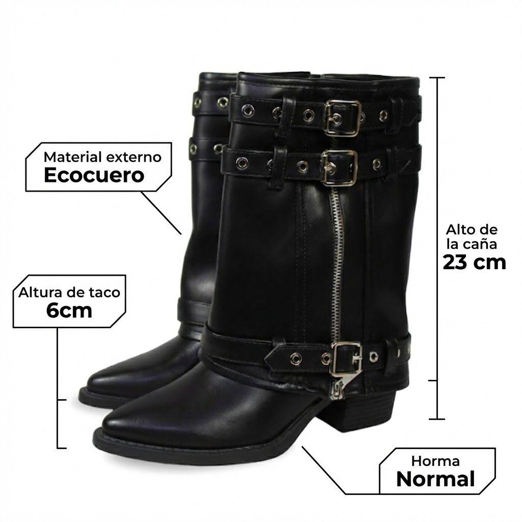 Bota Biker de Media Caña Ecocuero Negro con Hebillas y Cierre PG5322-6