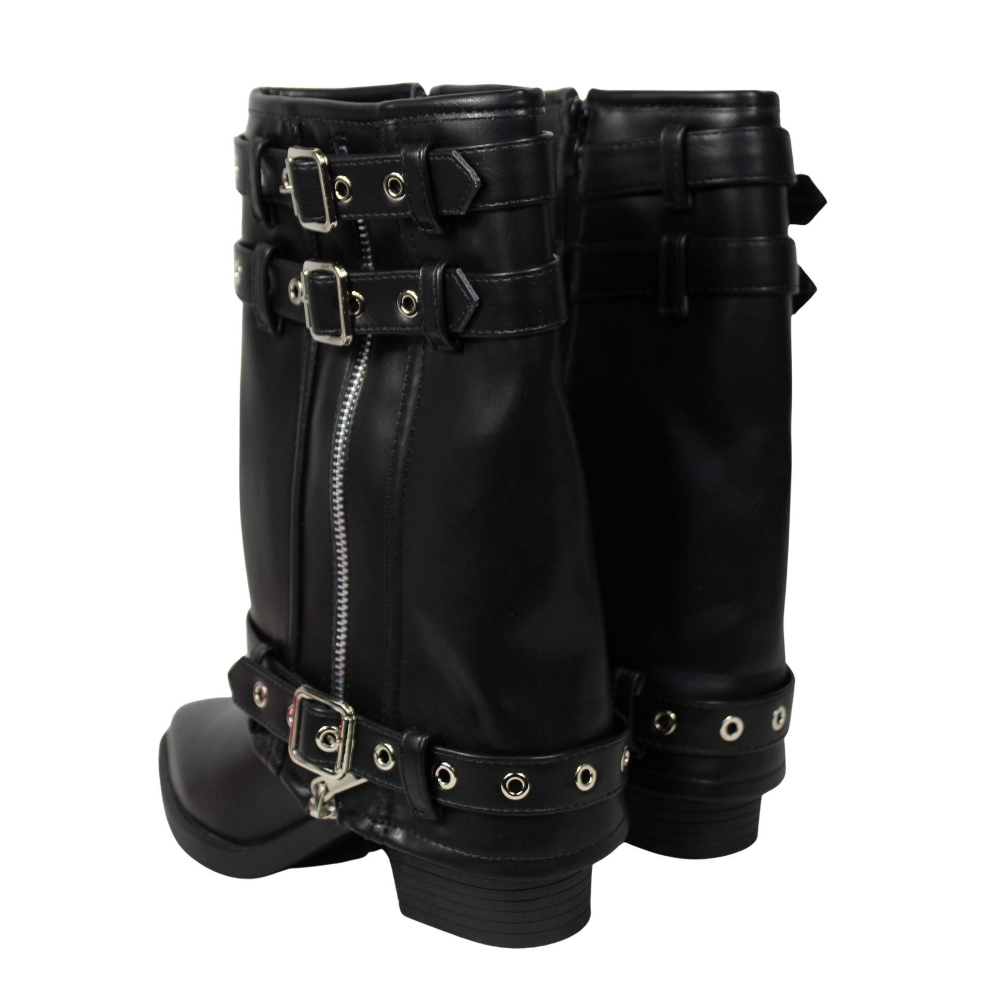 Bota Biker de Media Caña Ecocuero Negro con Hebillas y Cierre PG5322-7