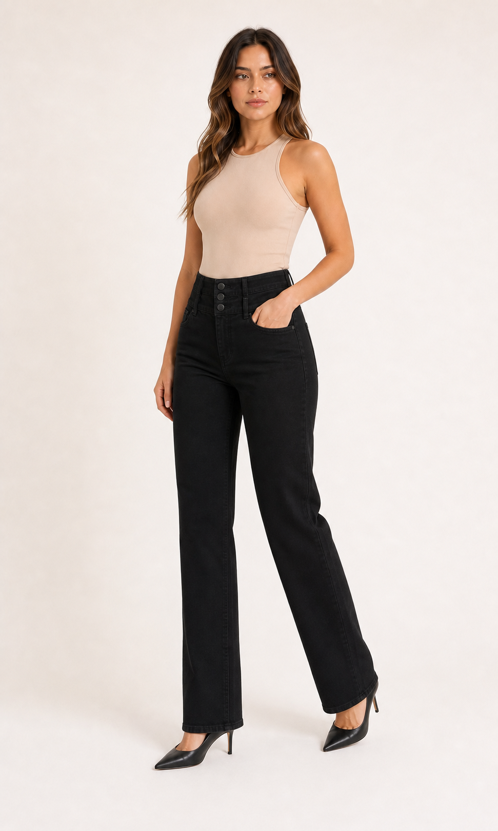 Jeans Negro Recto Pretina Alta 3 Botones J9301-2