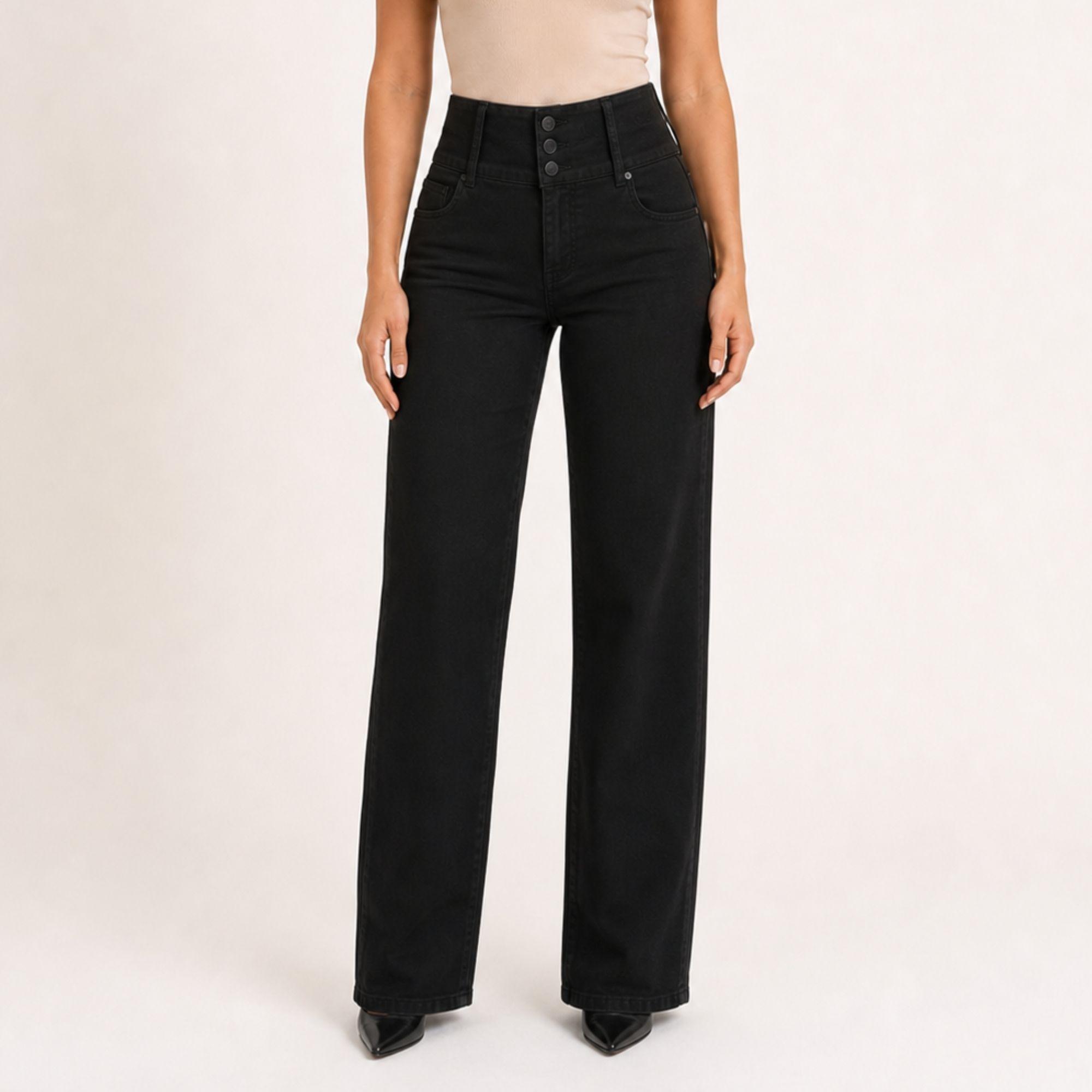 Jeans Negro Recto Pretina Alta 3 Botones J9301-0
