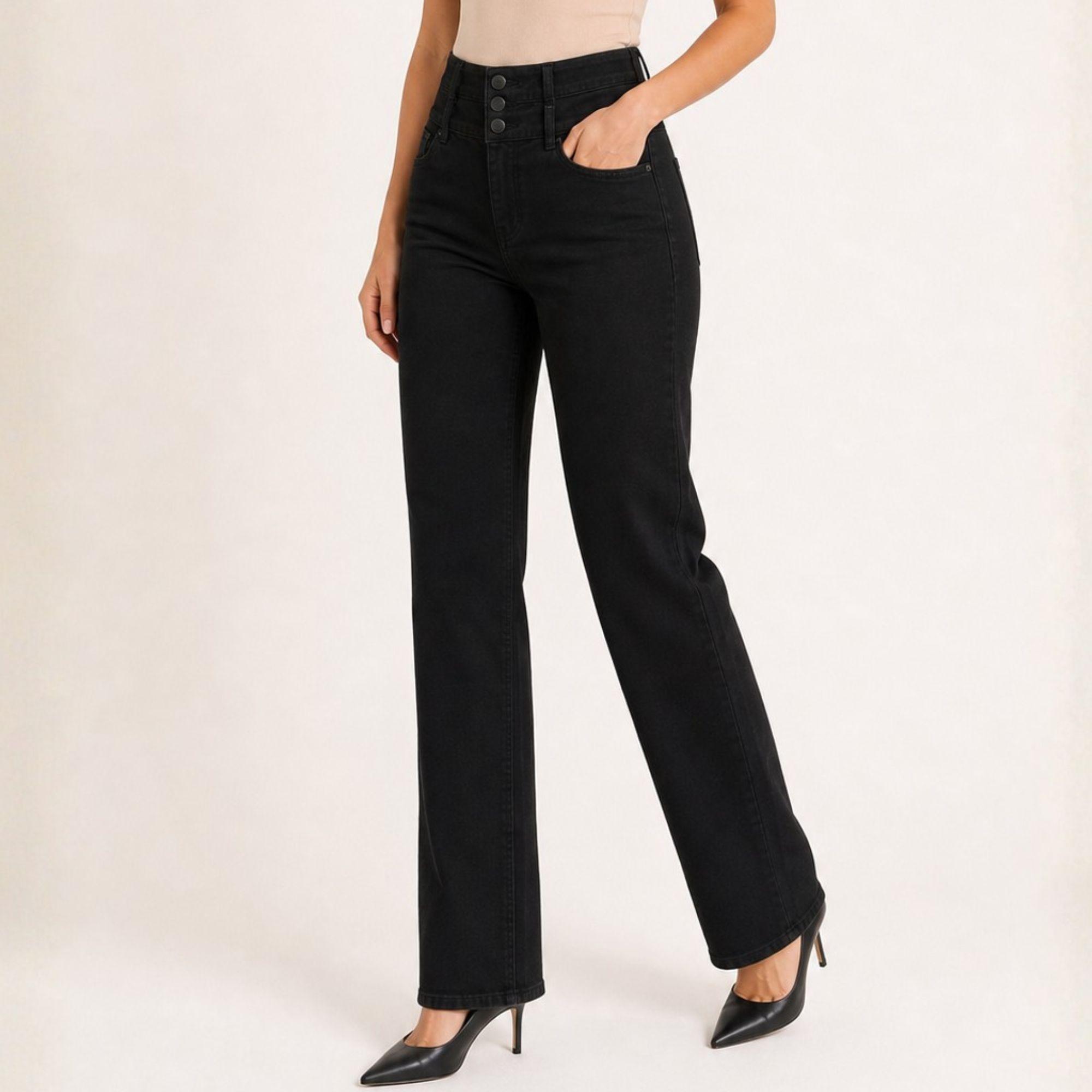 Jeans Negro Recto Pretina Alta 3 Botones J9301-5