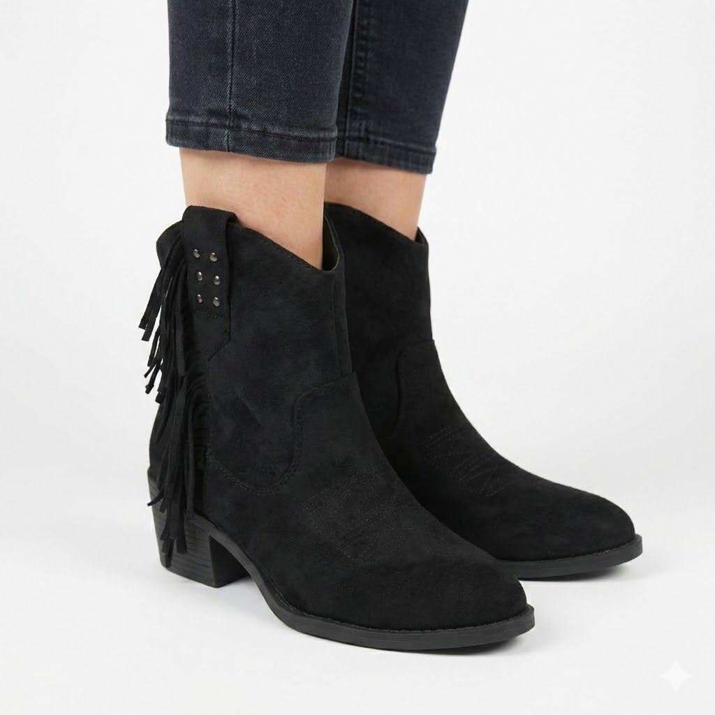 Botín Texano Mujer Gamuza con Flecos y Tachas PG5327-6