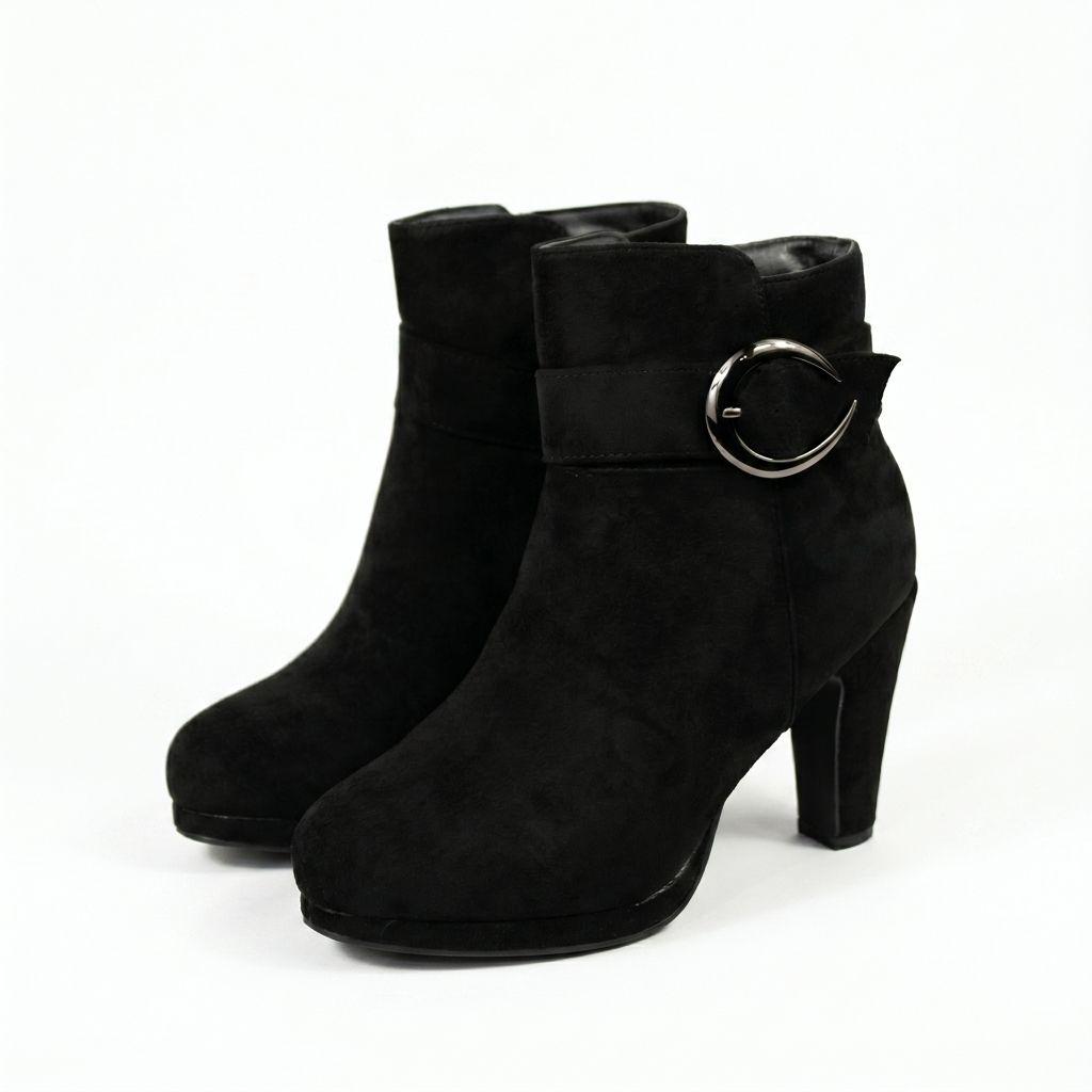 Botín Mujer Gamuza Negro Taco Grueso Plataforma Hebilla-3