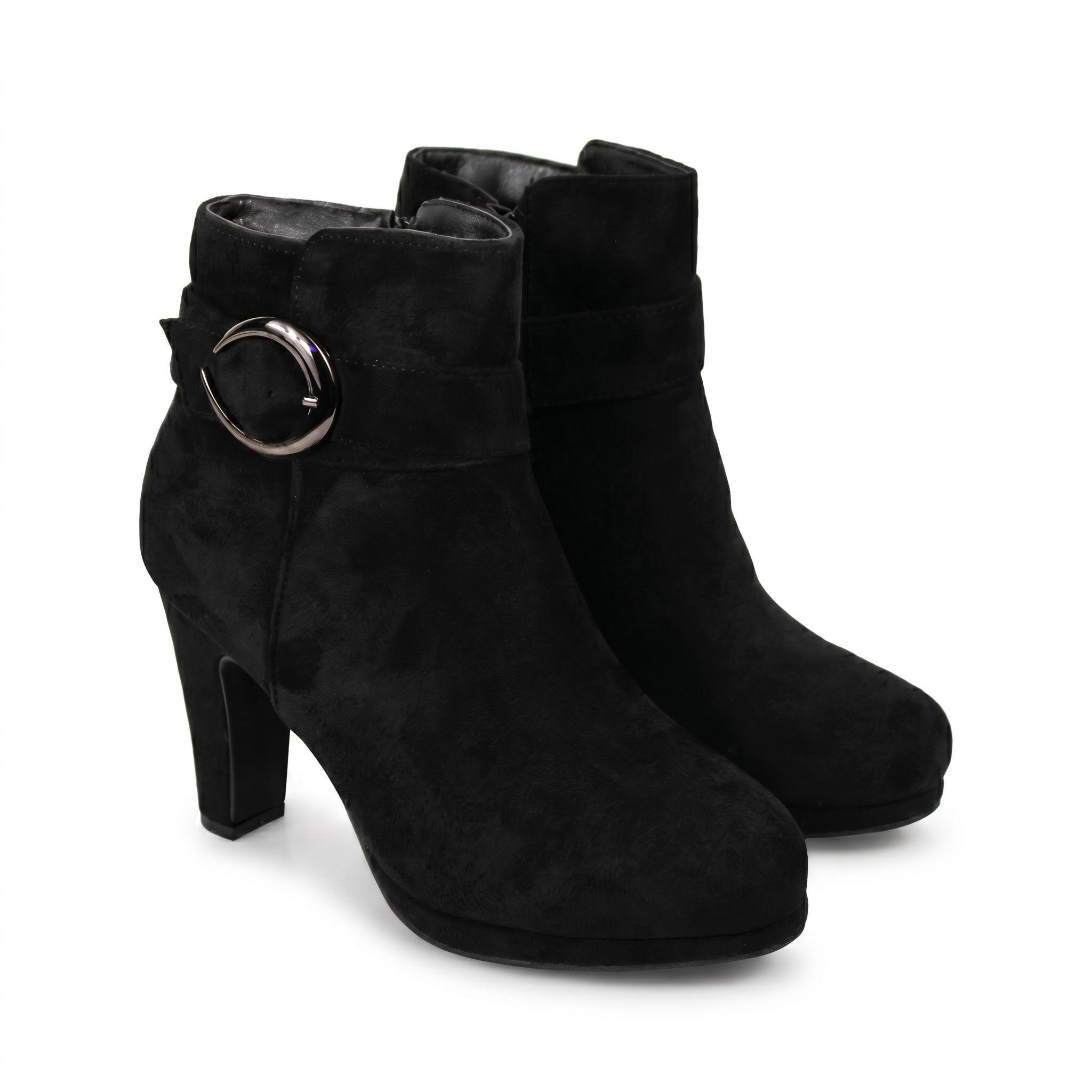 Botín Mujer Gamuza Negro Taco Grueso Plataforma Hebilla-5