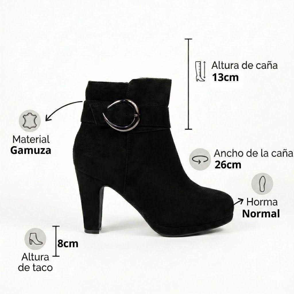 Botín Mujer Gamuza Negro Taco Grueso Plataforma Hebilla-7