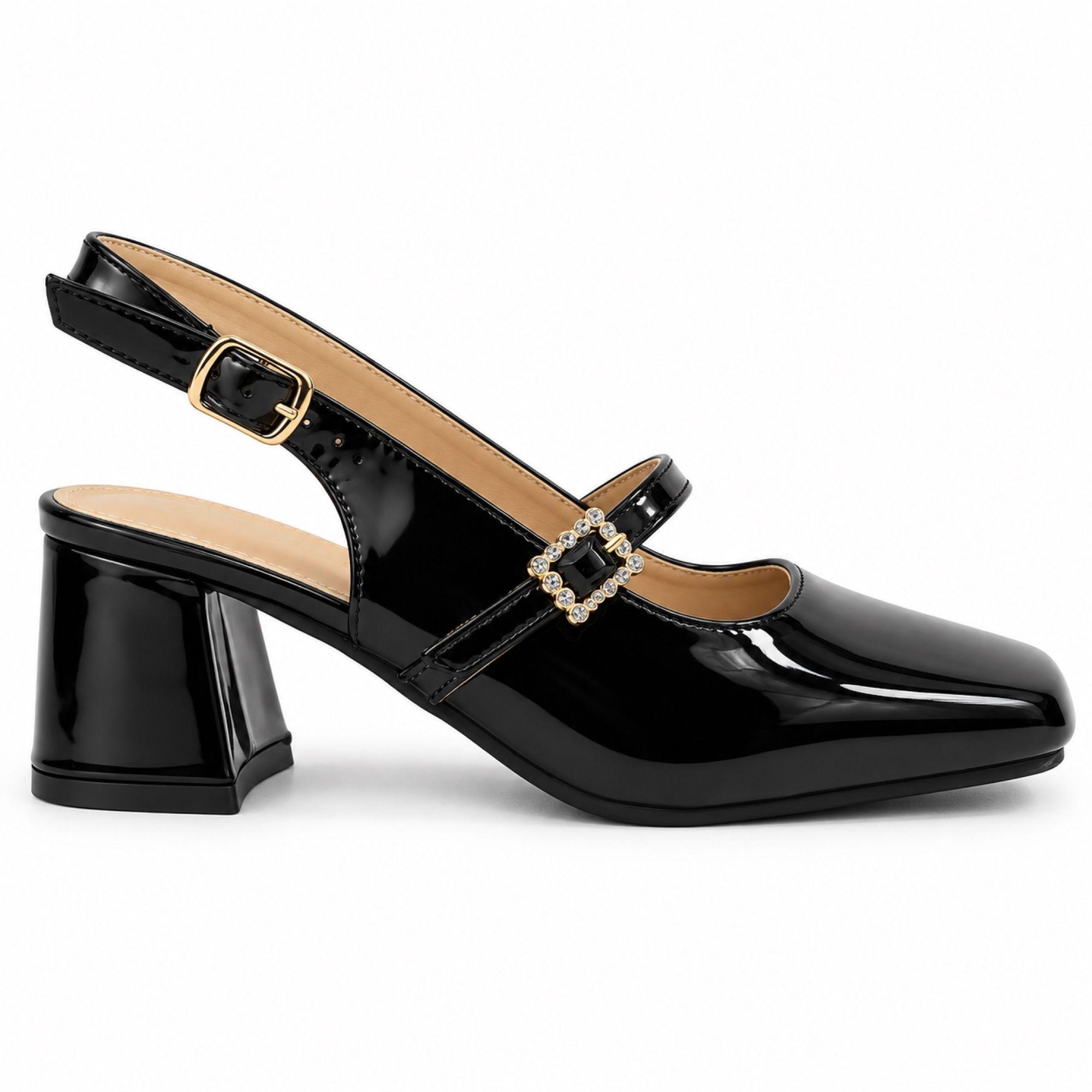 Zapato Charol Mujer Mary Jane Tacón Cuadrado H2705 Negro-0
