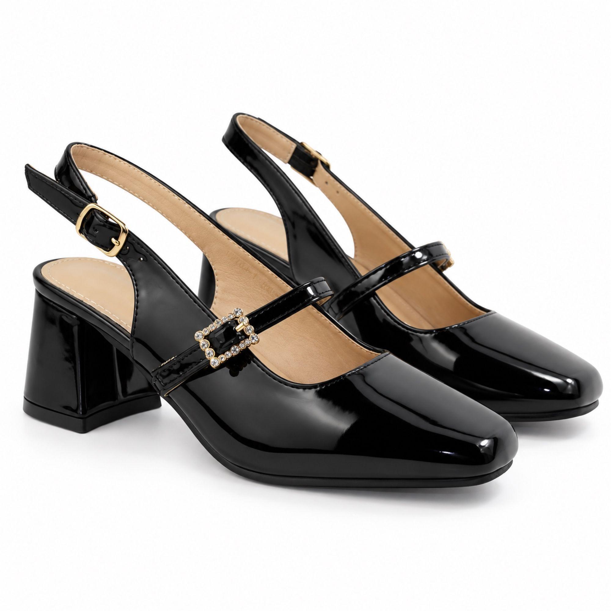 Zapato Charol Mujer Mary Jane Tacón Cuadrado H2705 Negro-1