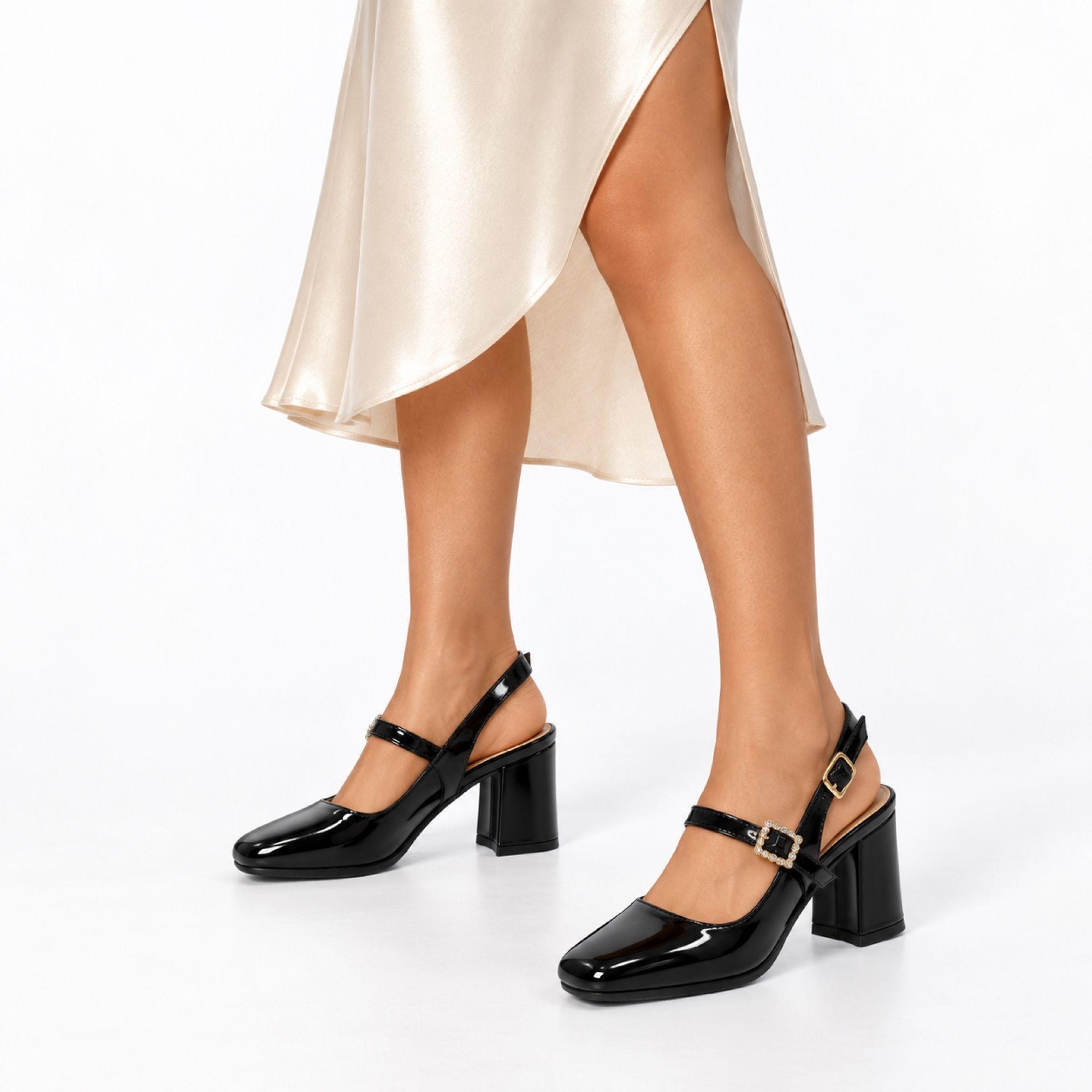 Zapato Charol Mujer Mary Jane Tacón Cuadrado H2705 Negro-2