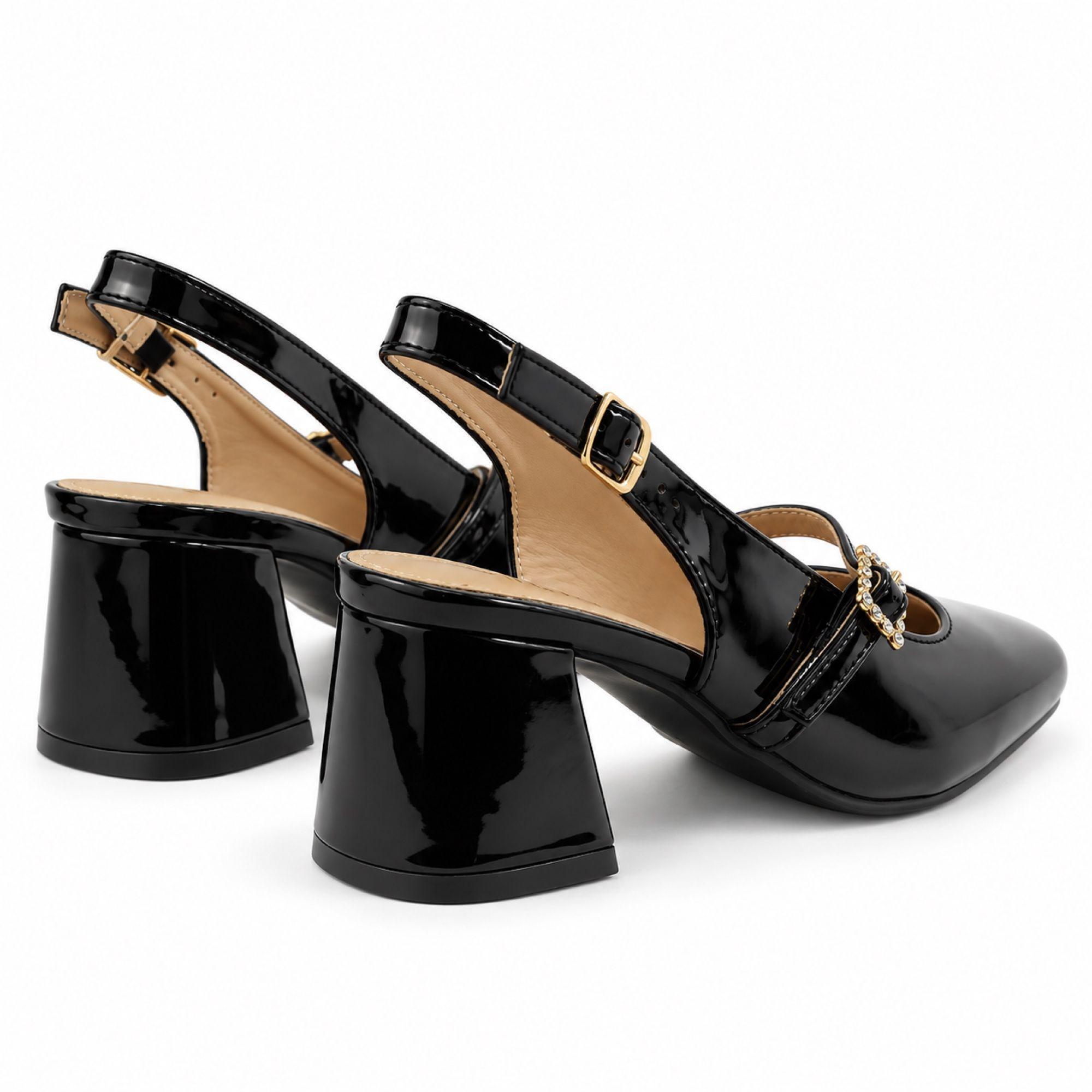 Zapato Charol Mujer Mary Jane Tacón Cuadrado H2705 Negro-3