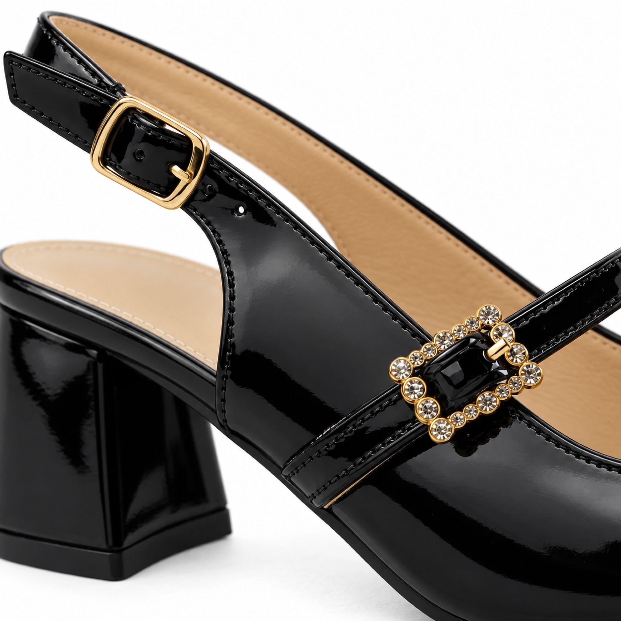 Zapato Charol Mujer Mary Jane Tacón Cuadrado H2705 Negro-7