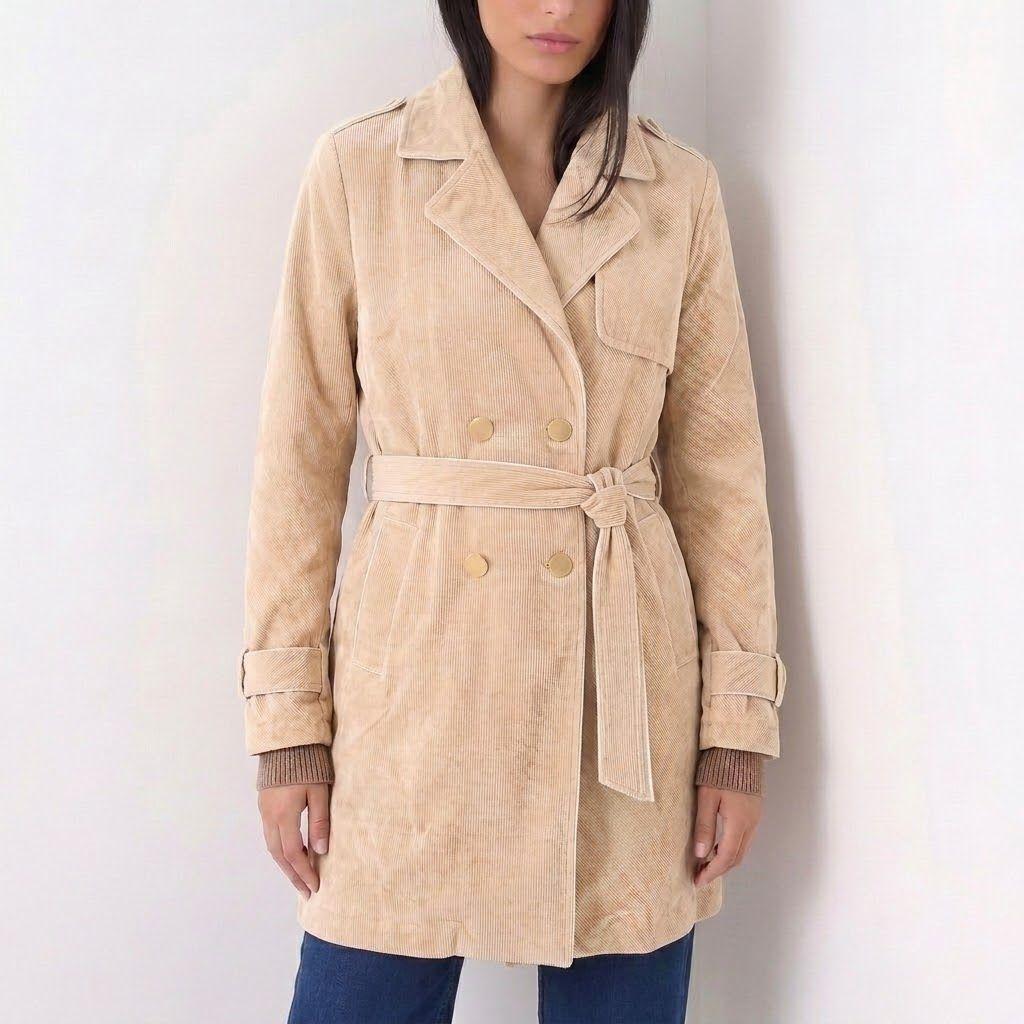 Abrigo Trench Mujer Cotelé Camel Con Botones-3